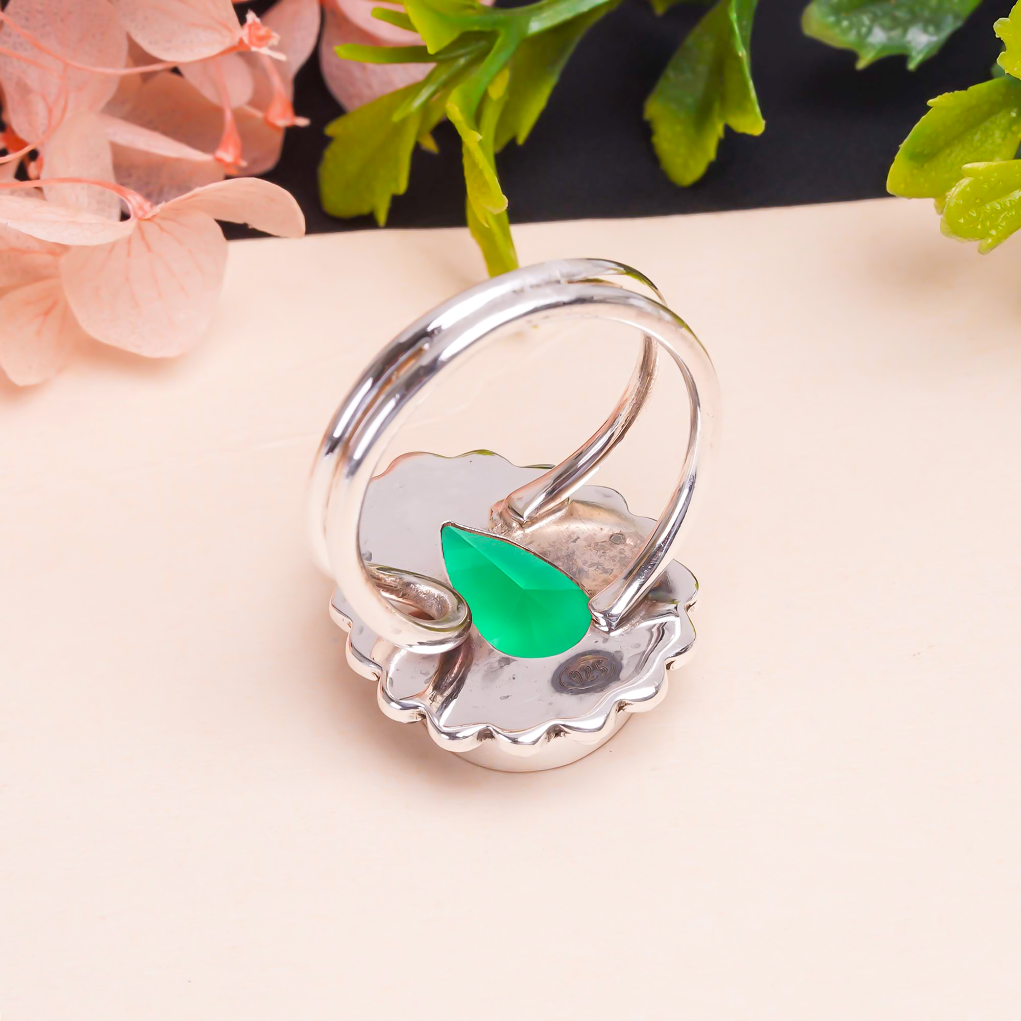 Emerald Simulated Gemstone 925 Sterling Silver Ring
