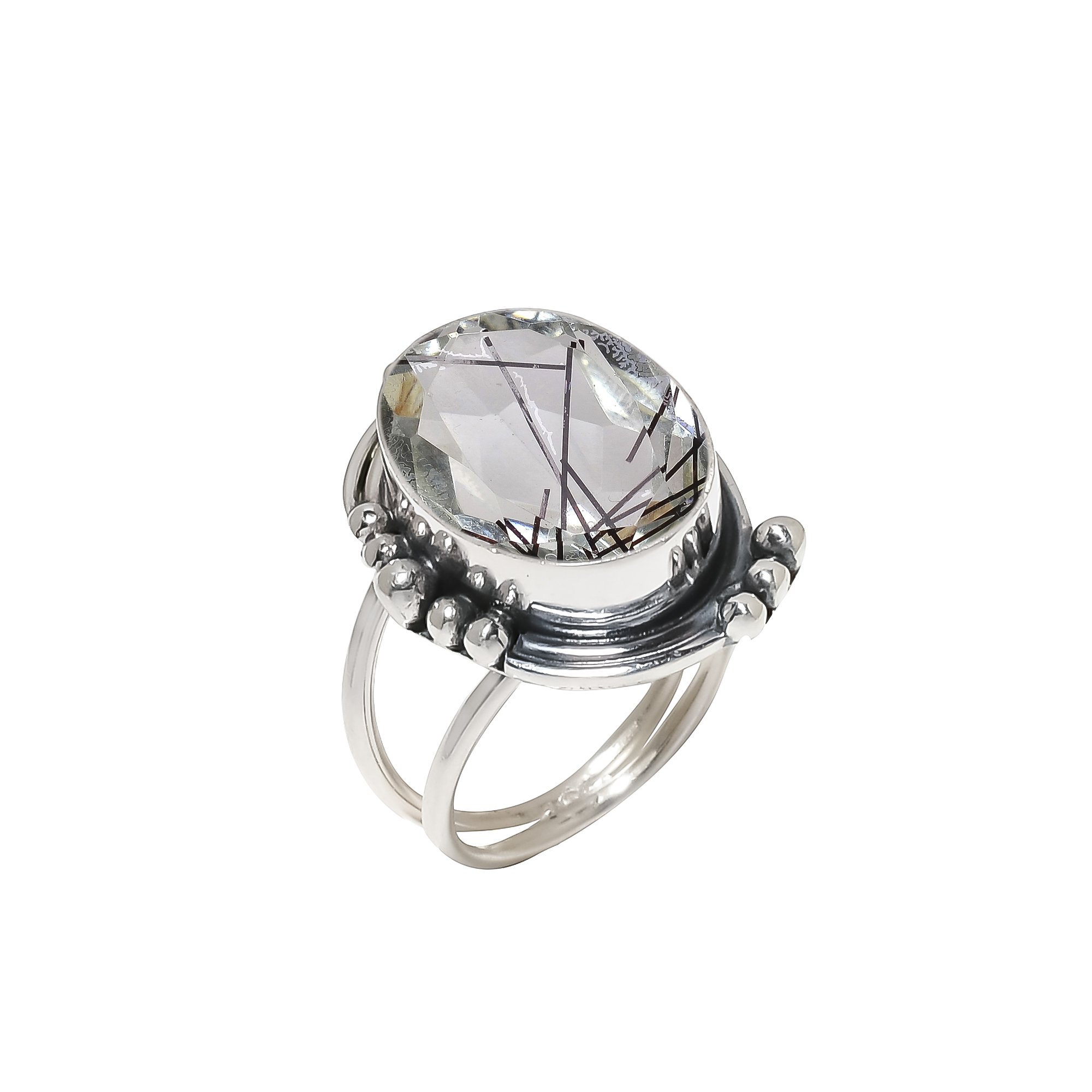Black Rutilated Quartz - Simulated 925 Sterling Silver Ring