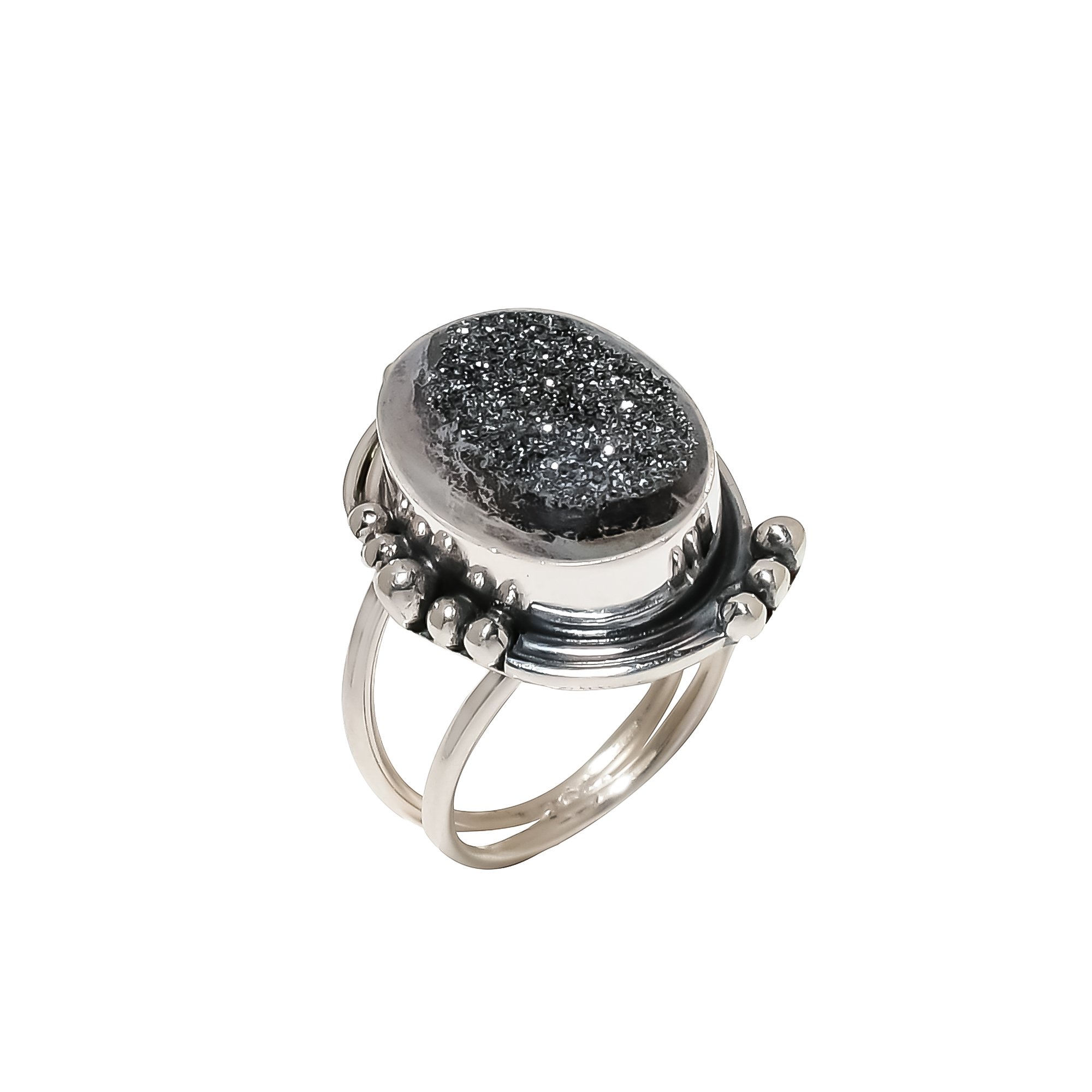 Black Titanium Agate Drusy 925 Sterling Silver Ring