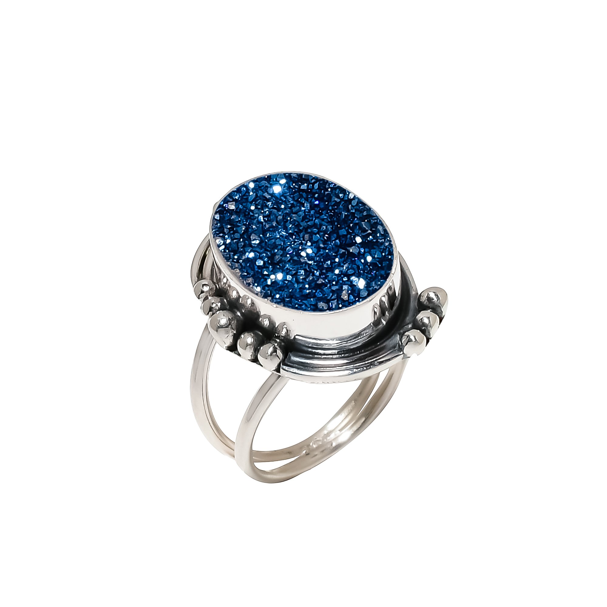 Electric Blue Titanium Agate Drusy 925 Sterling Silver Ring