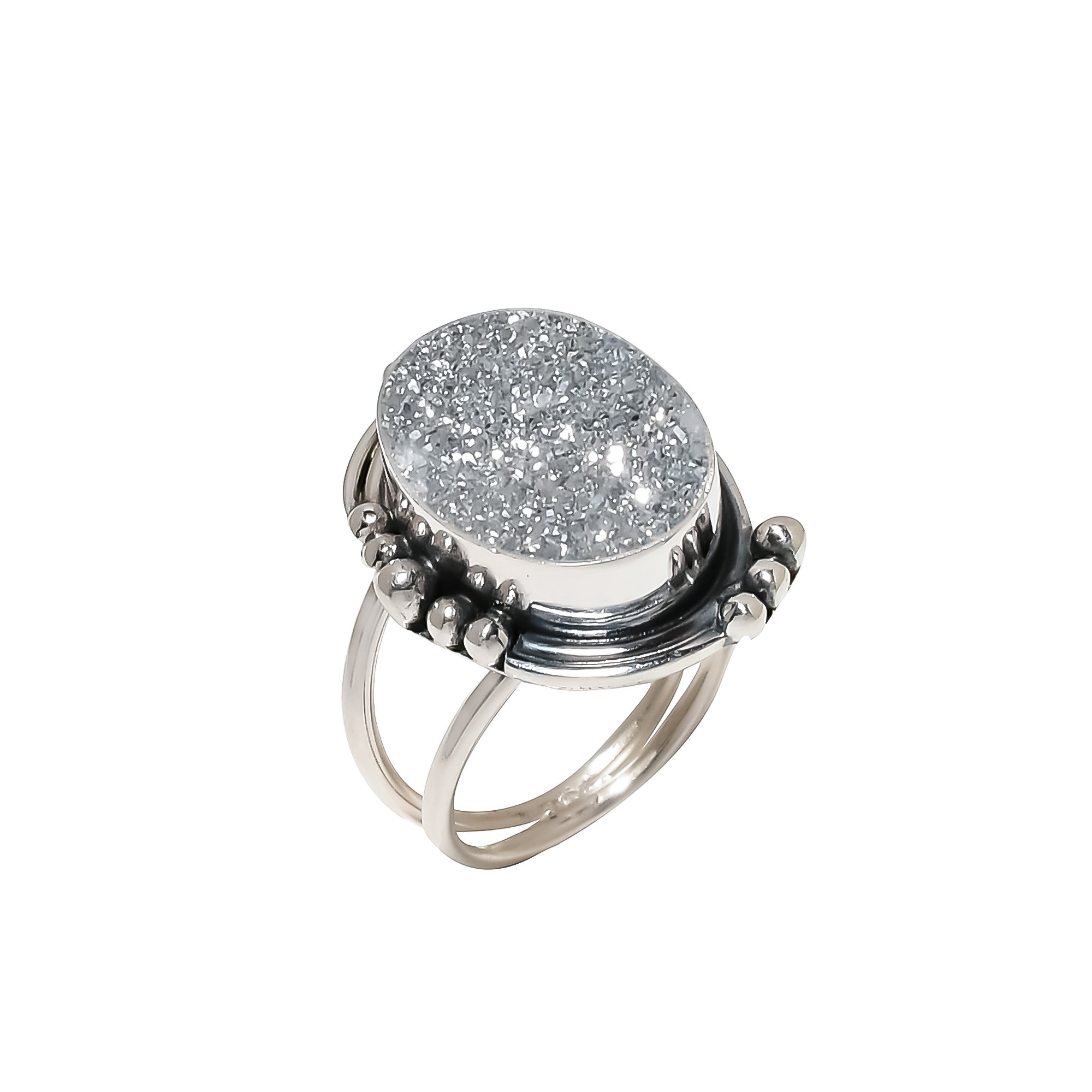 Silver Titanium Agate Drusy 925 Sterling Silver Ring