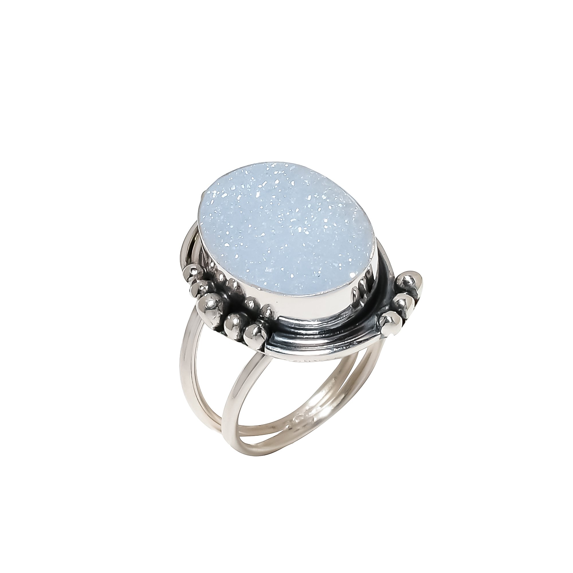 Snow White Titanium Agate Drusy 925 Sterling Silver Ring