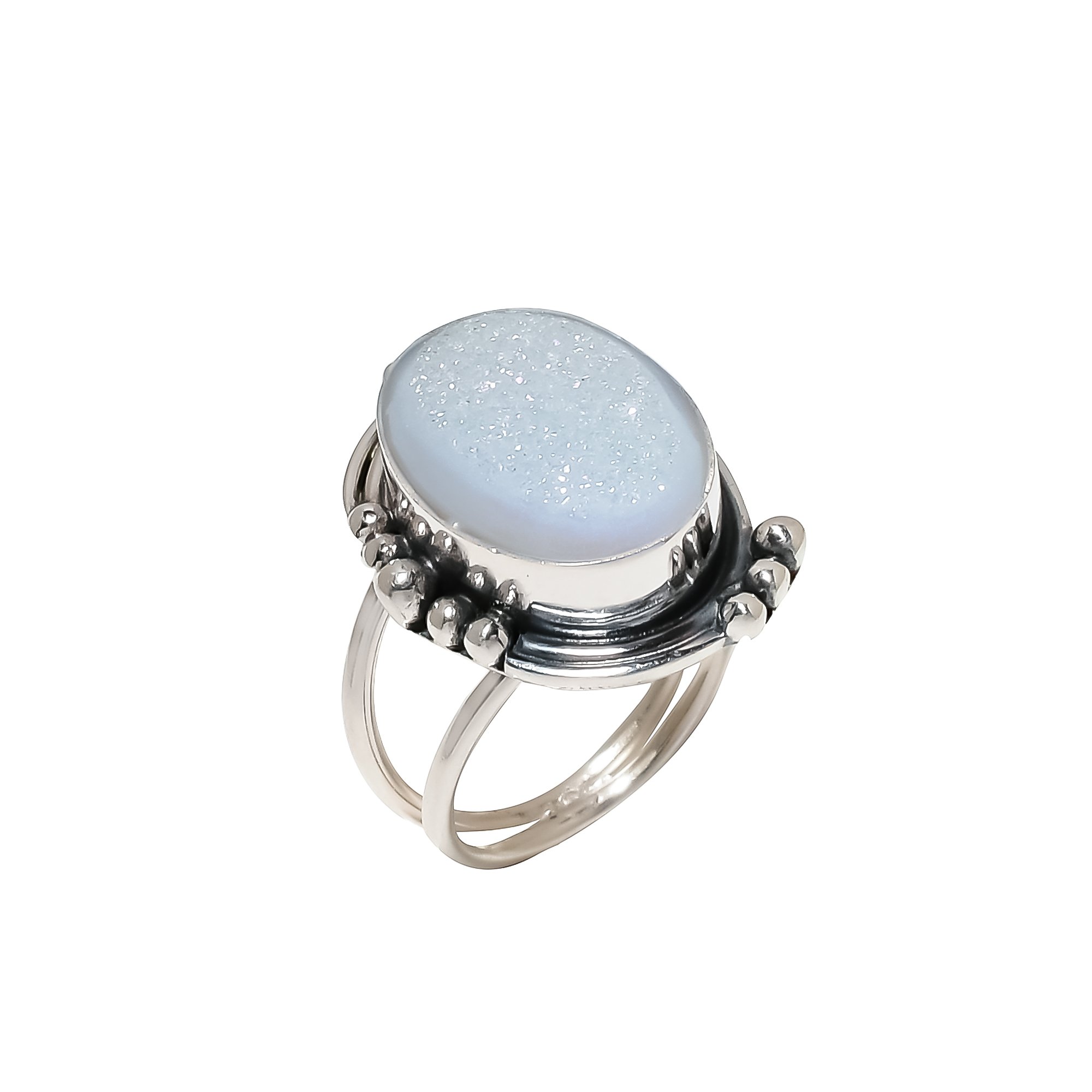 Snow White Titanium Agate Drusy 925 Sterling Silver Ring