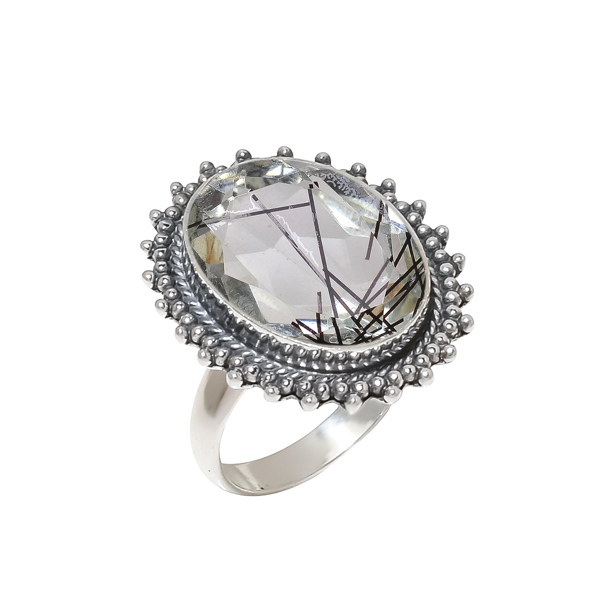 Black Rutilated Quartz - Simulated 925 Sterling Silver Ring