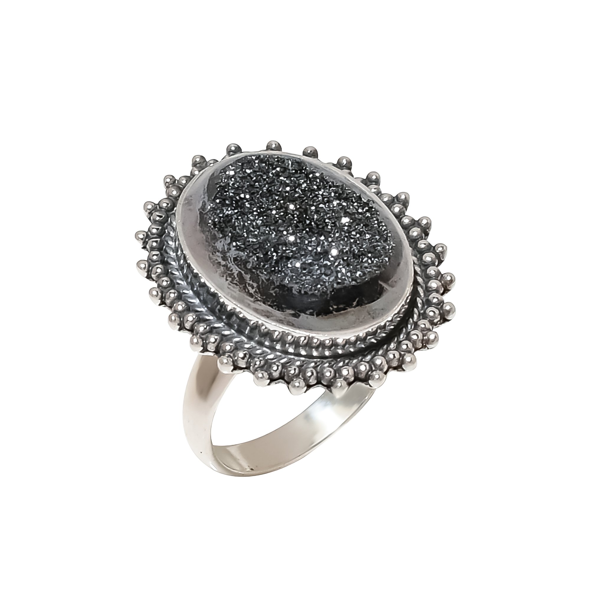 Black Titanium Agate Drusy 925 Sterling Silver Ring