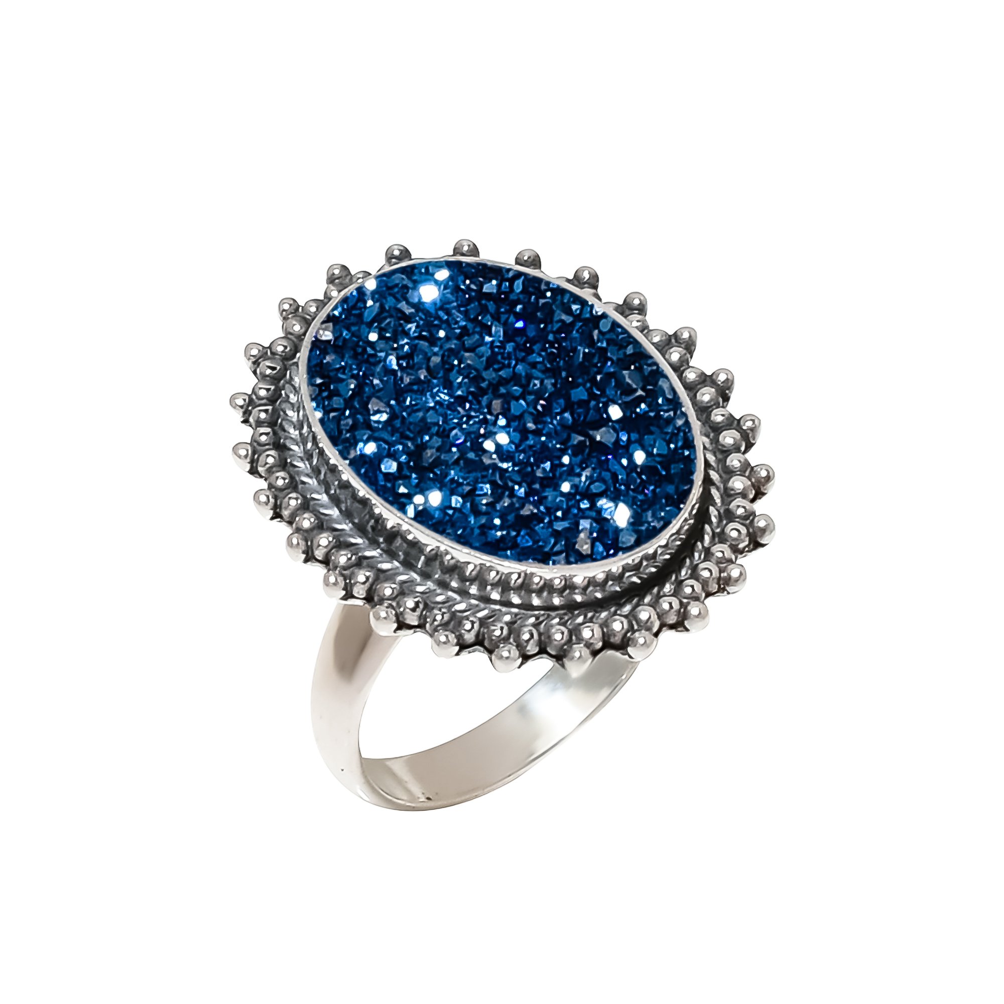 Electric Blue Titanium Agate Drusy 925 Sterling Silver Ring