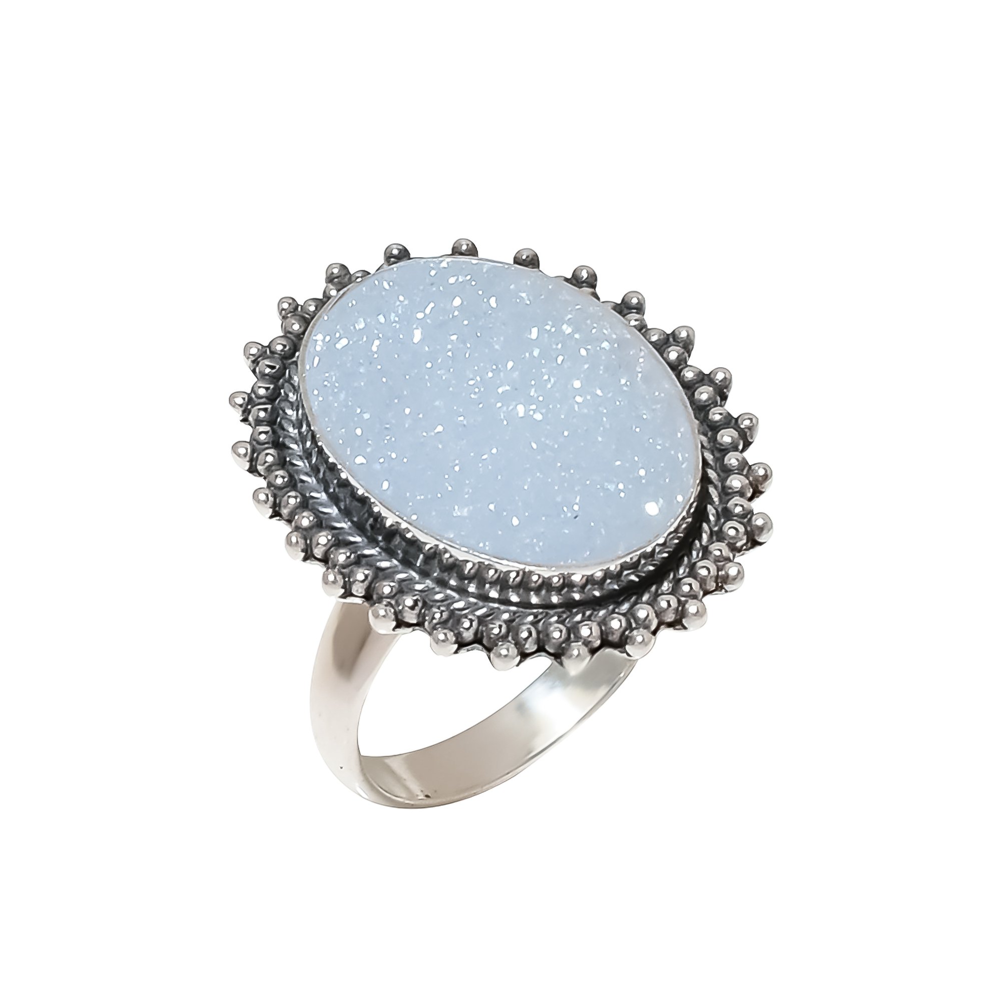 Snow White Titanium Agate Drusy 925 Sterling Silver Ring