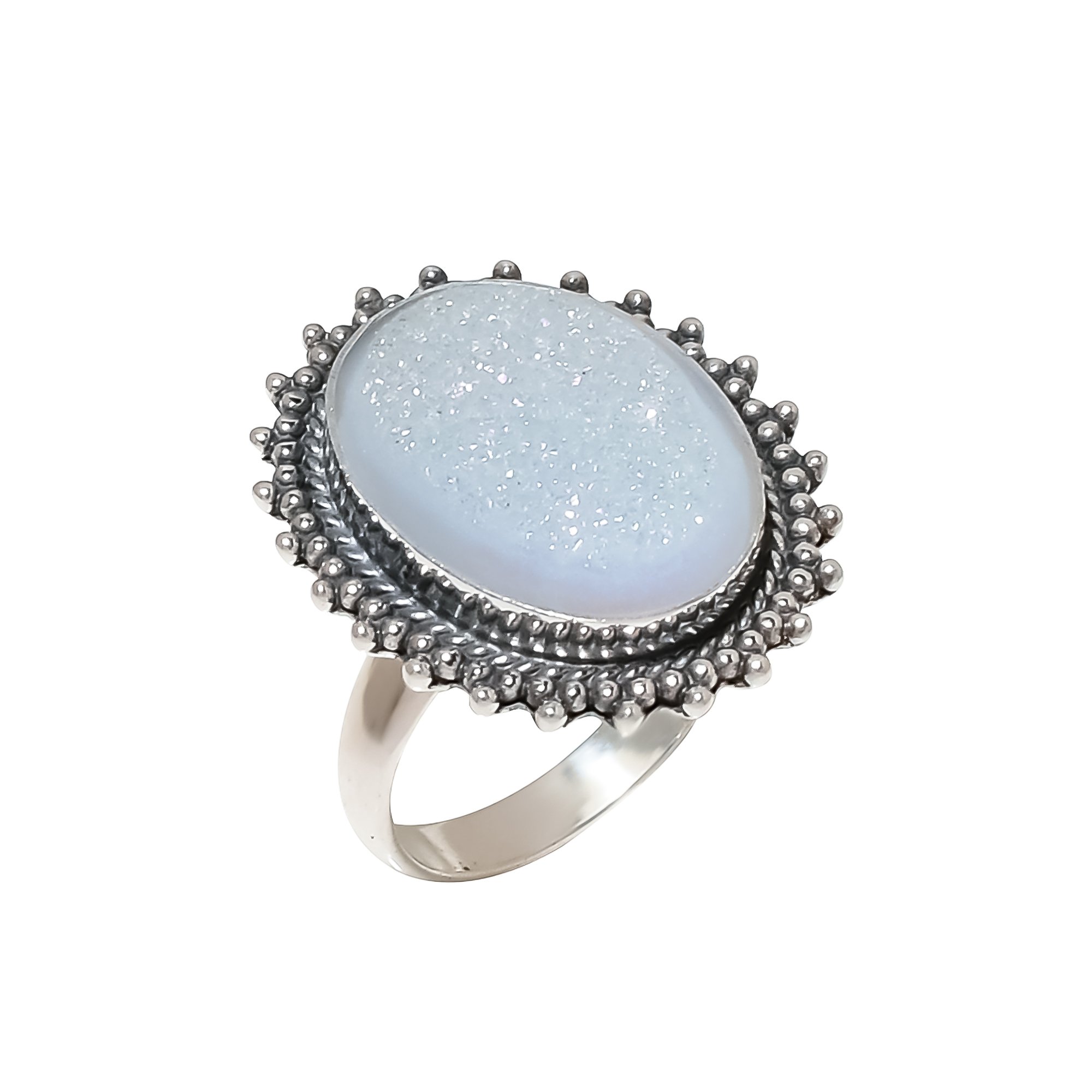 Snow White Titanium Agate Drusy 925 Sterling Silver Ring