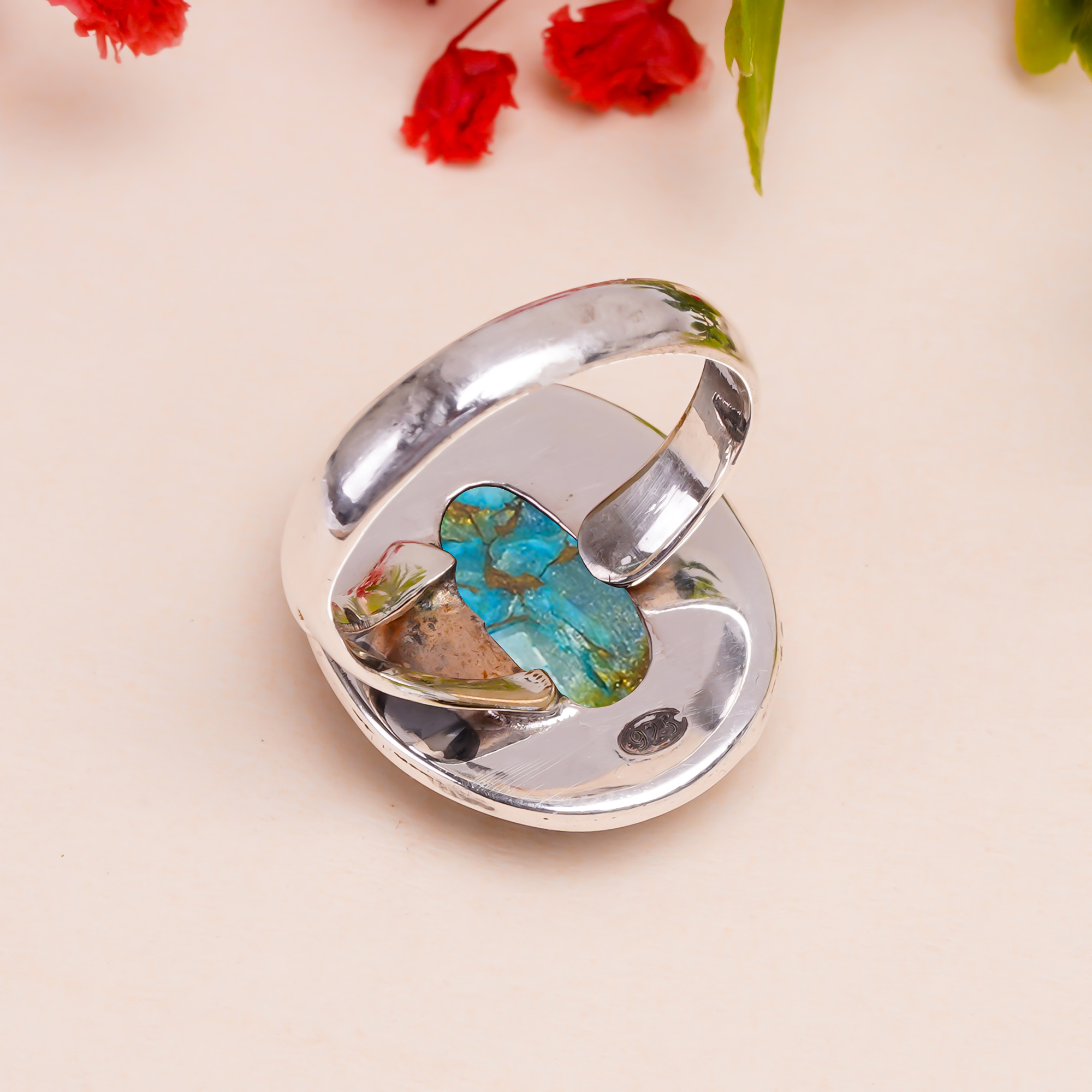 Copper Blue Turquoise Gemstone 925 Sterling Silver Ring