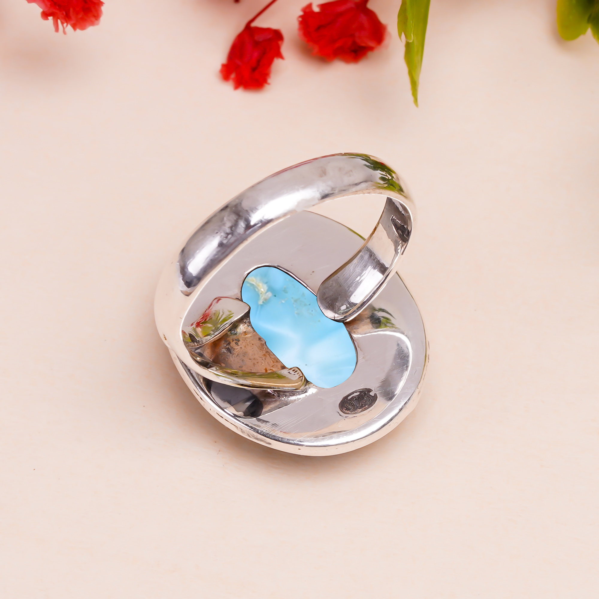 Natural Larimar / Pactolite - Dominican Republic Gemstone 925 Sterling Silver Ring