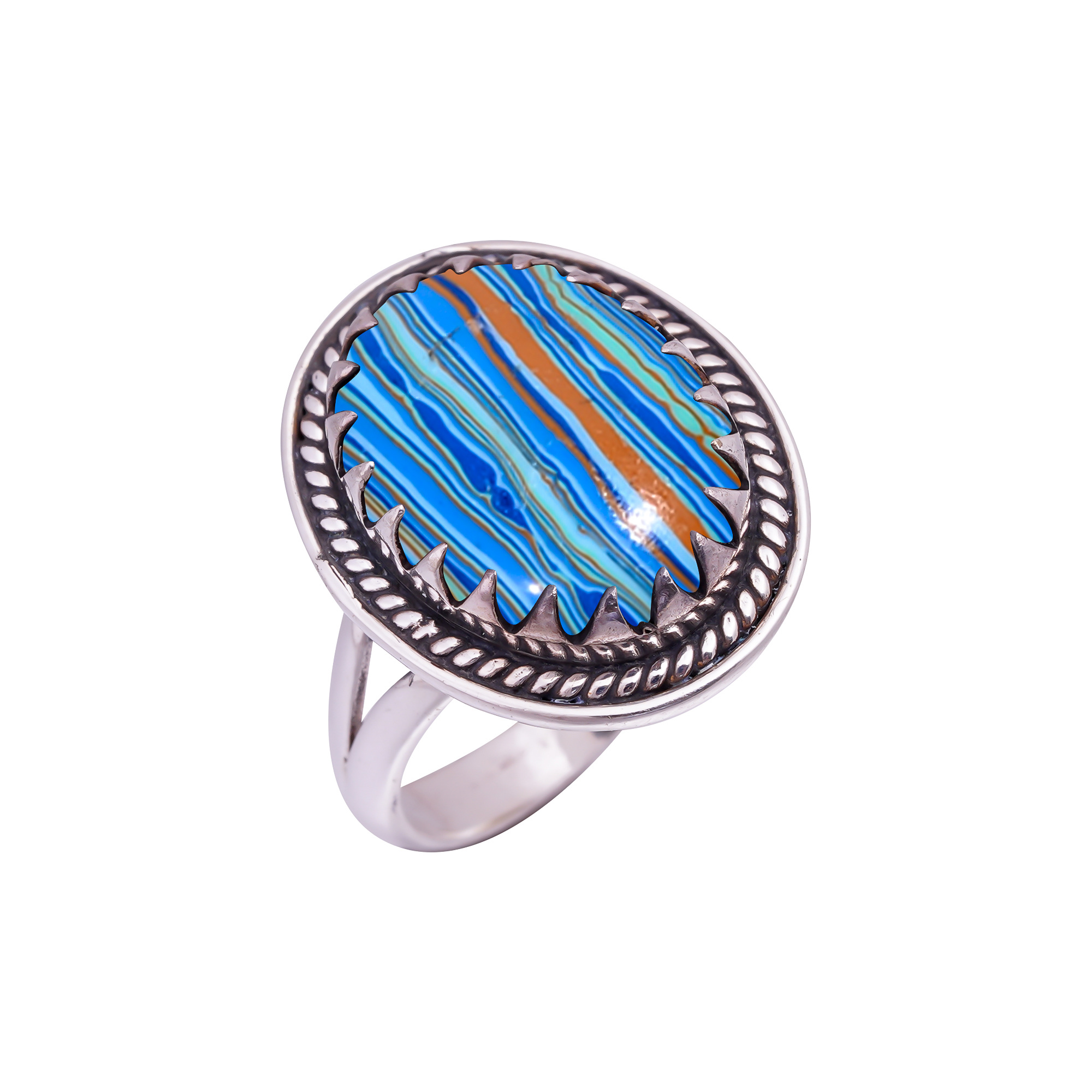 Blue Rainbow Calsilica - Simulated Gemstone 925 Sterling Silver Ring