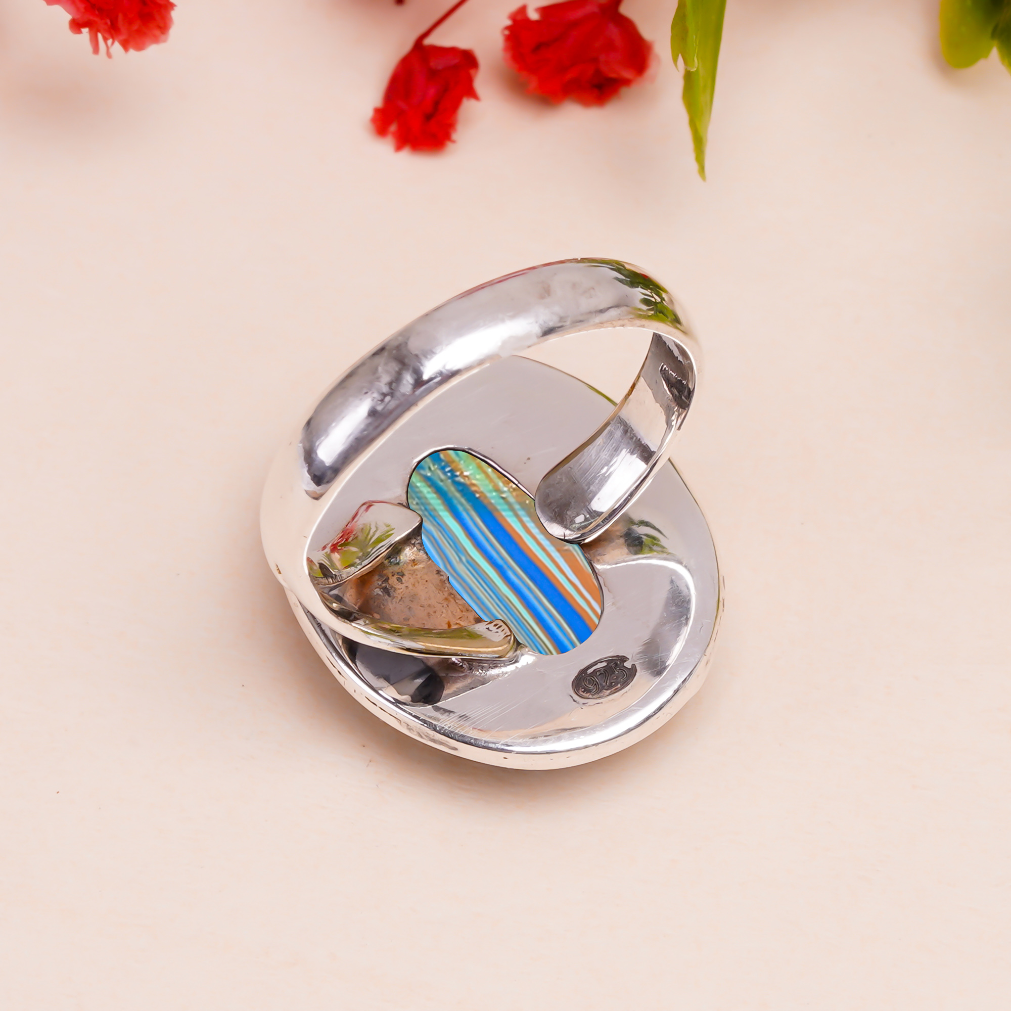 Blue Rainbow Calsilica - Simulated Gemstone 925 Sterling Silver Ring
