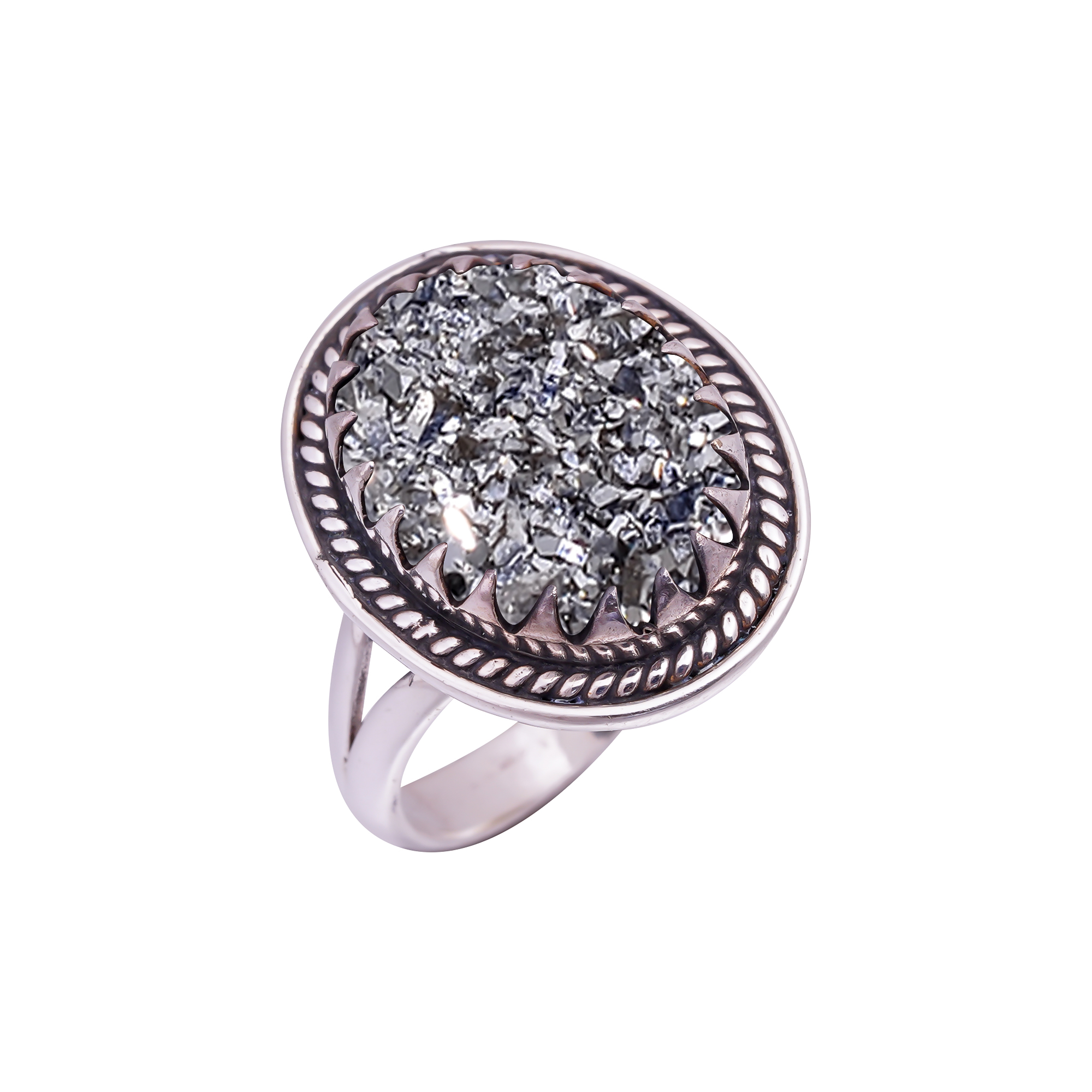Silver Titanium Agate Drusy Gemstone 925 Sterling Silver Ring