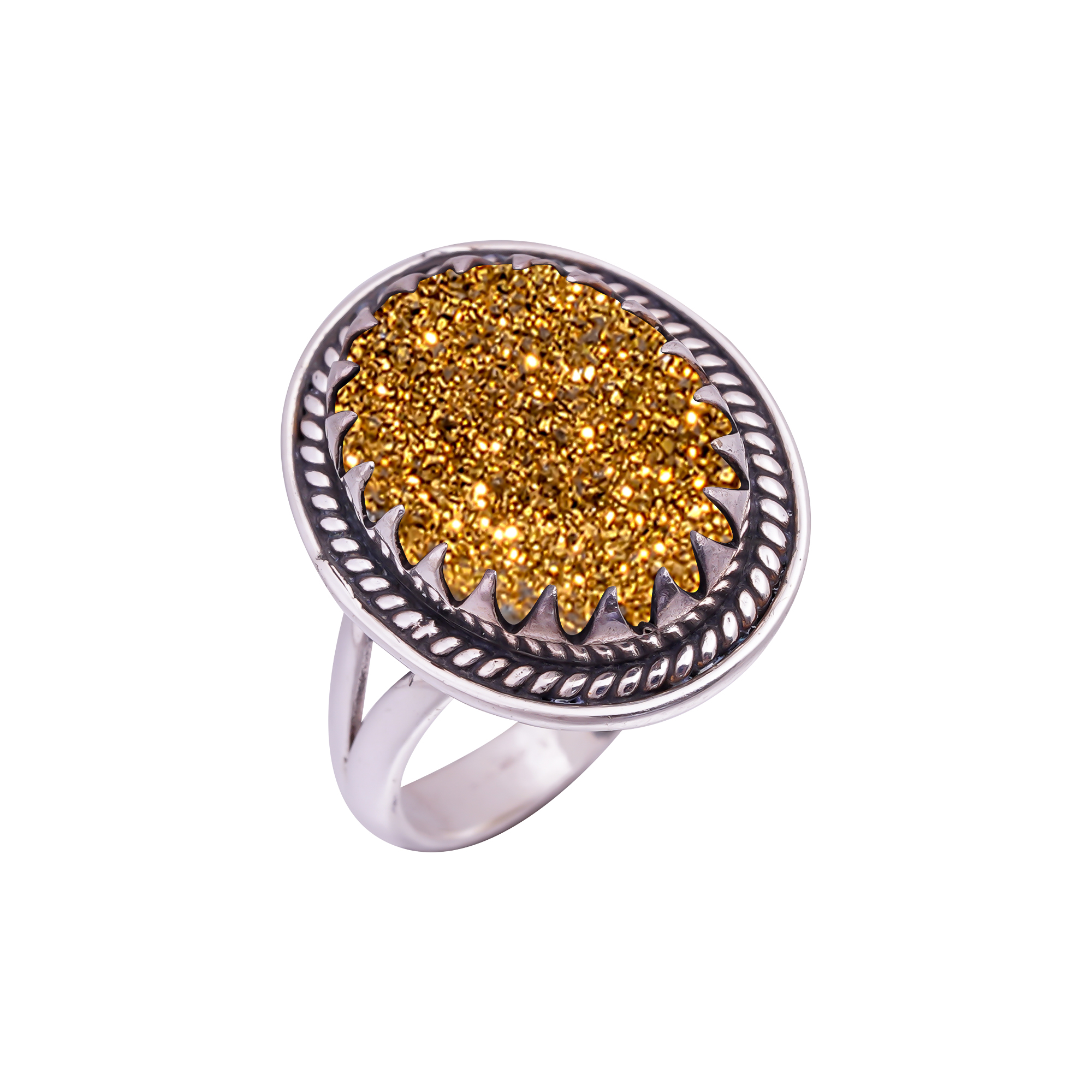 Golden Titanium Agate Drusy Gemstone 925 Sterling Silver Ring