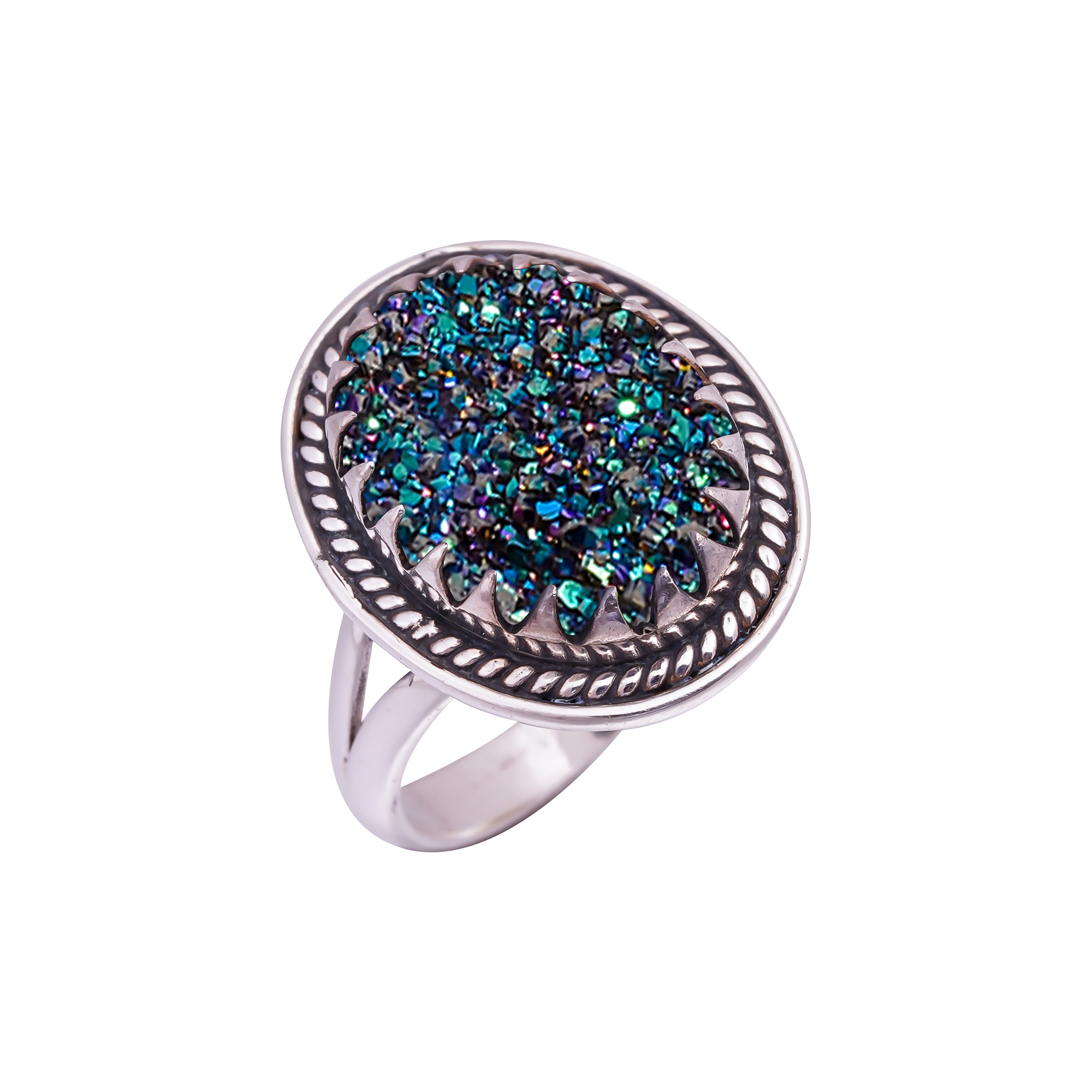 Electric Blue Titanium Agate Drusy Gemstone 925 Sterling Silver Ring