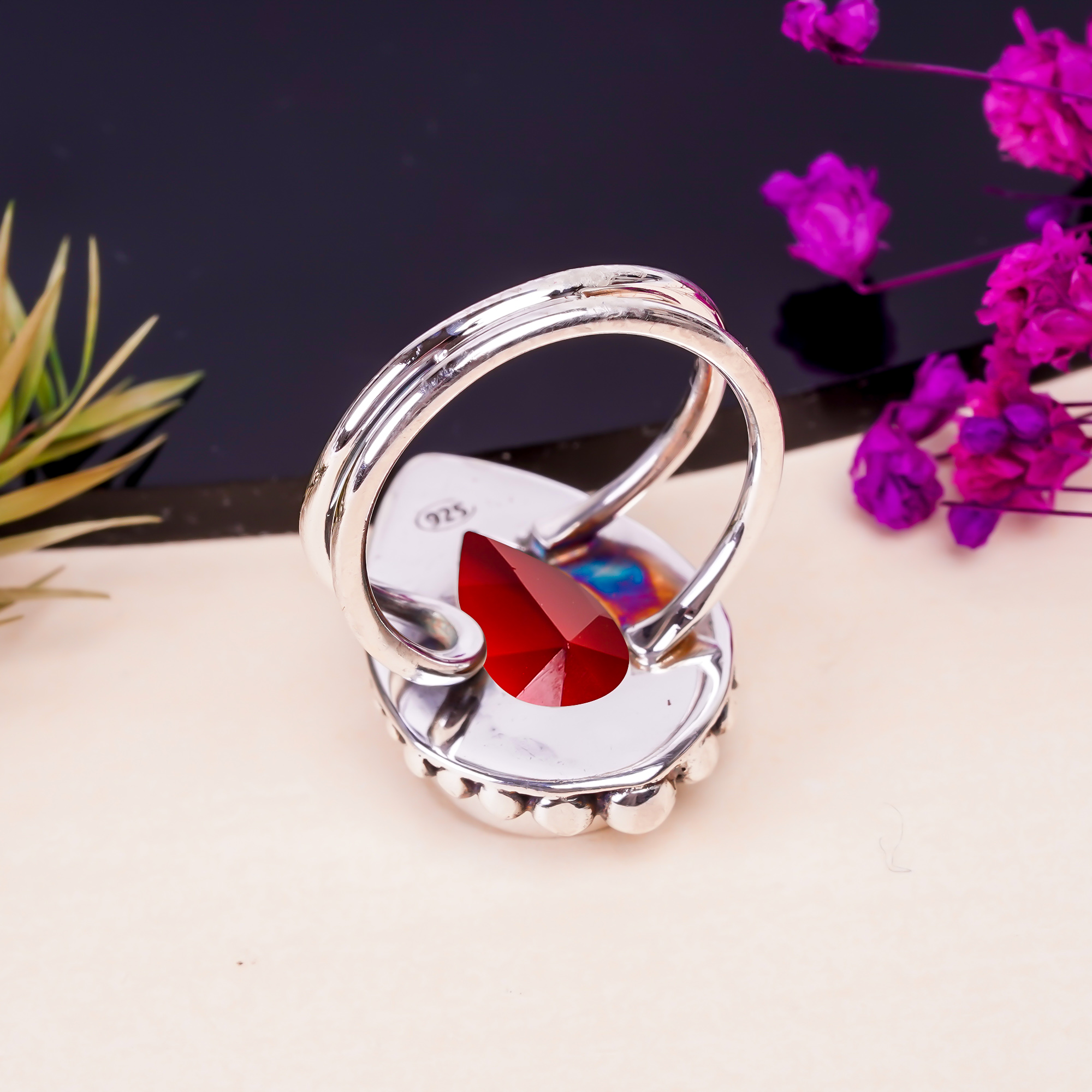 Red Garnet - Simulated Gemstone 925 Sterling Silver Ring