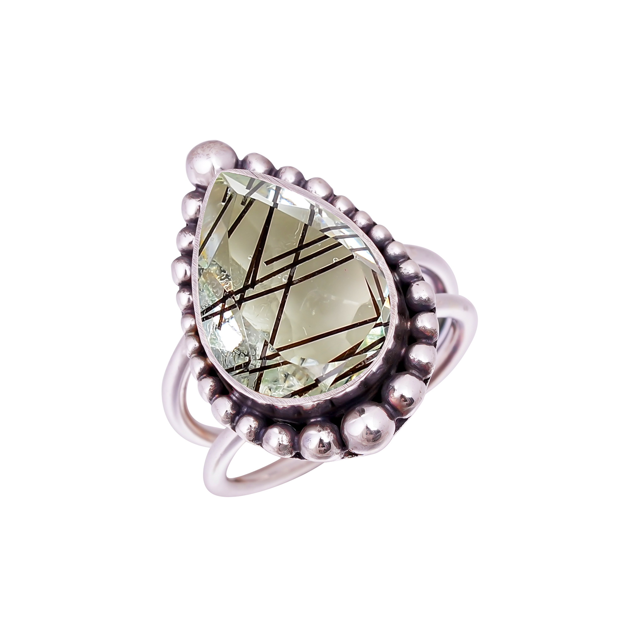 Black Rutilated Quartz - Simulated Gemstone 925 Sterling Silver Ring