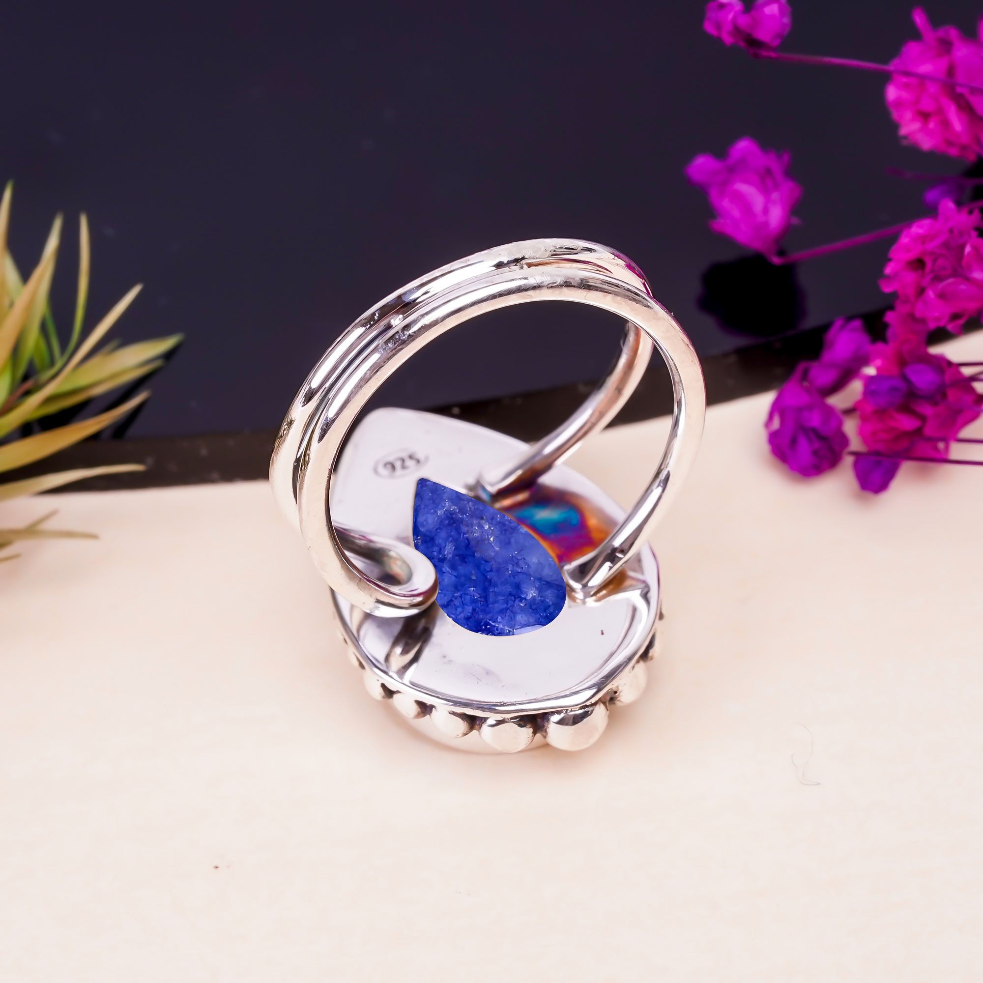 Blue Sapphire - Dyed Quartz Gemstone 925 Sterling Silver Ring