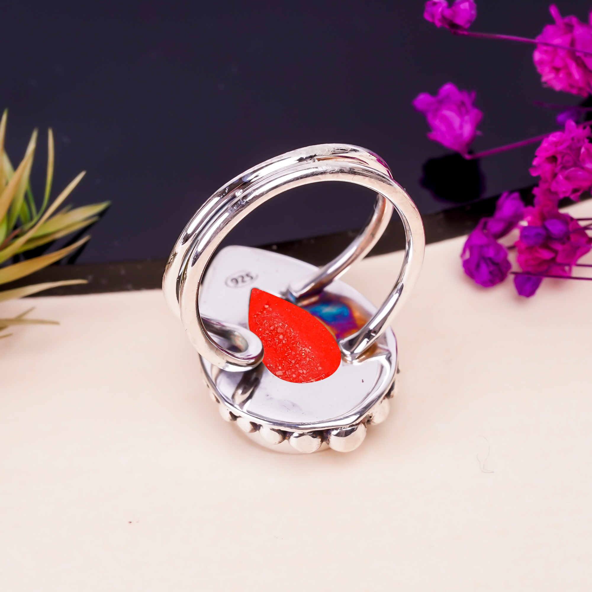 Red Coral - Simulated Gemstone 925 Sterling Silver Ring