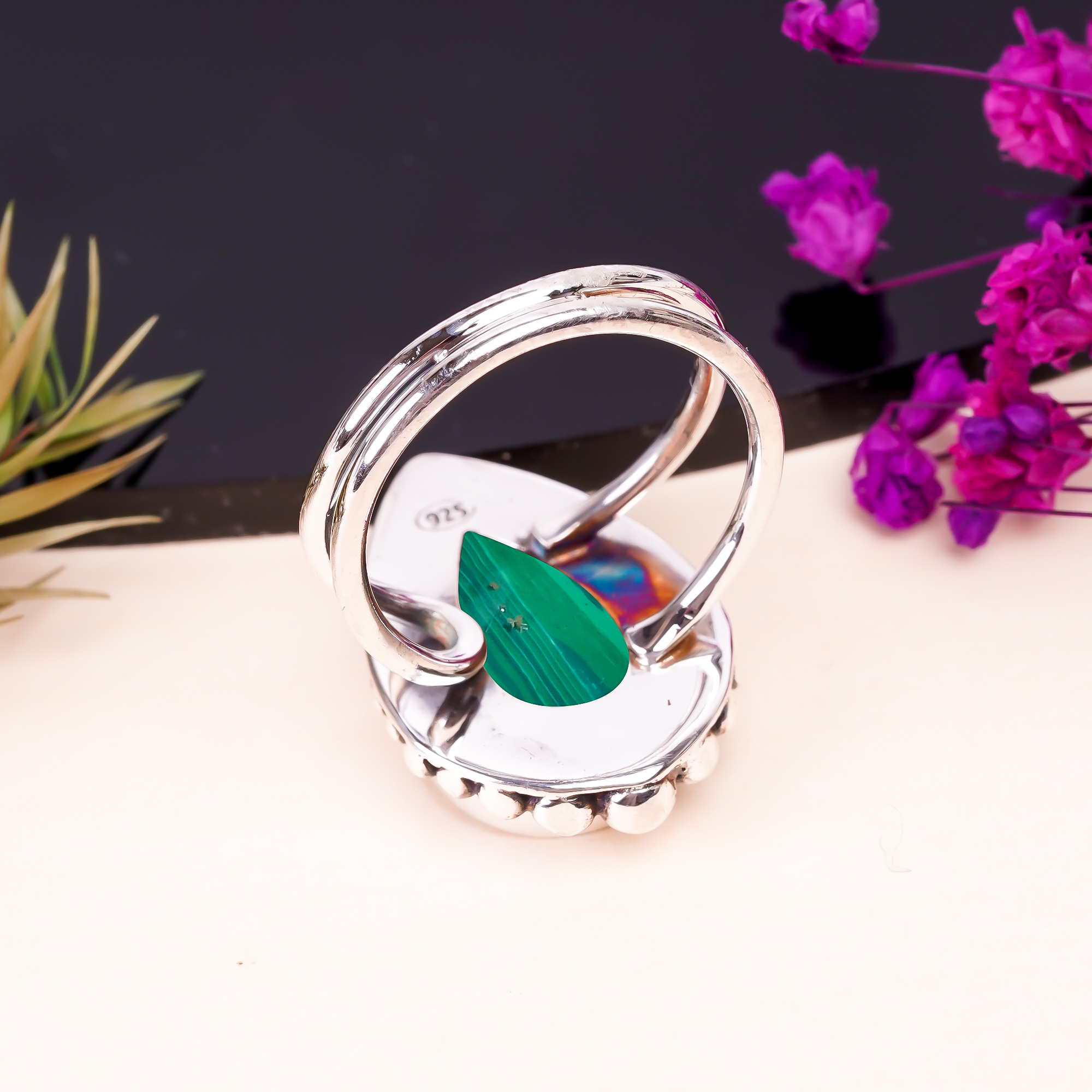 Malachite - Simulated Gemstone 925 Sterling Silver Ring