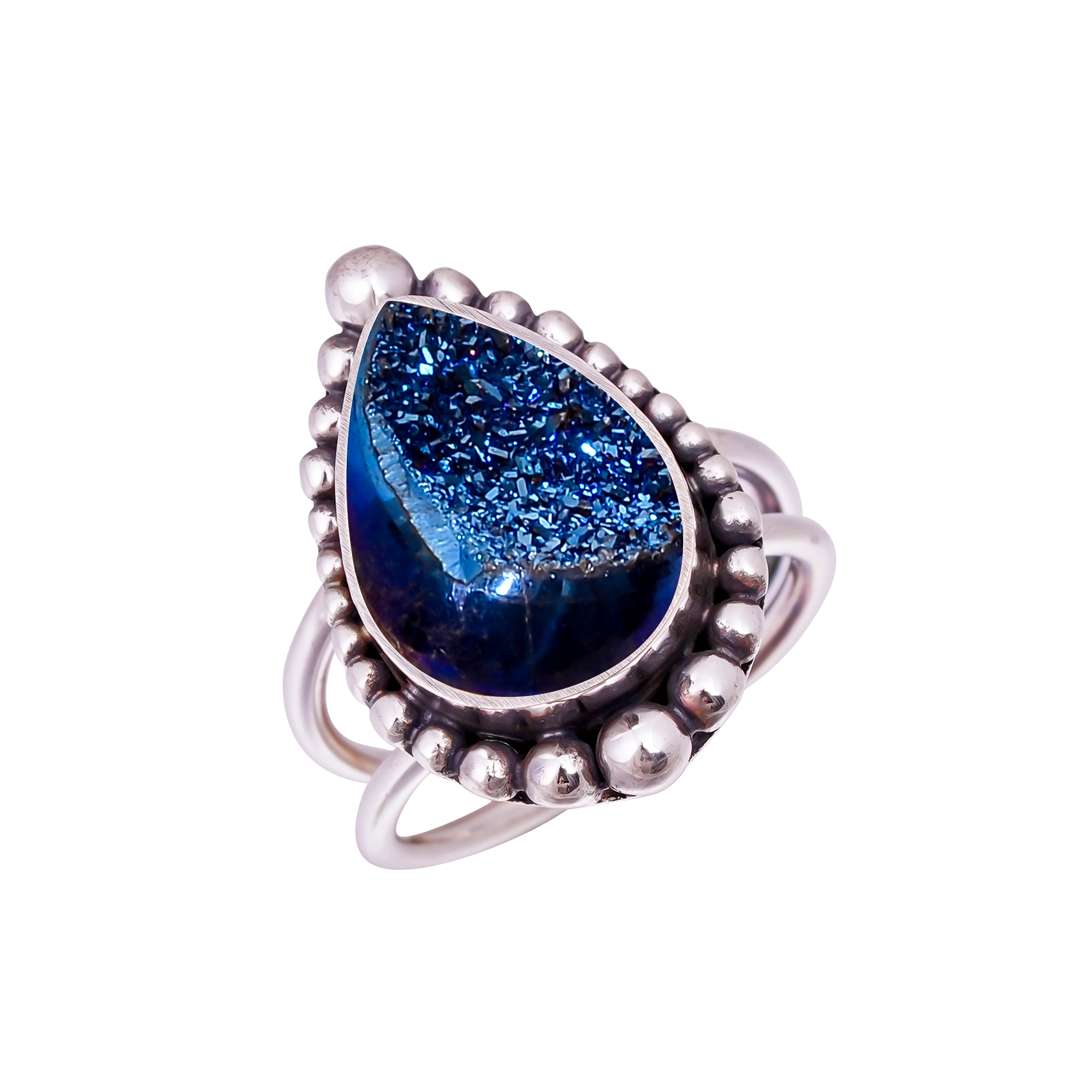 Electric Blue Titanium Agate Drusy Gemstone 925 Sterling Silver Ring