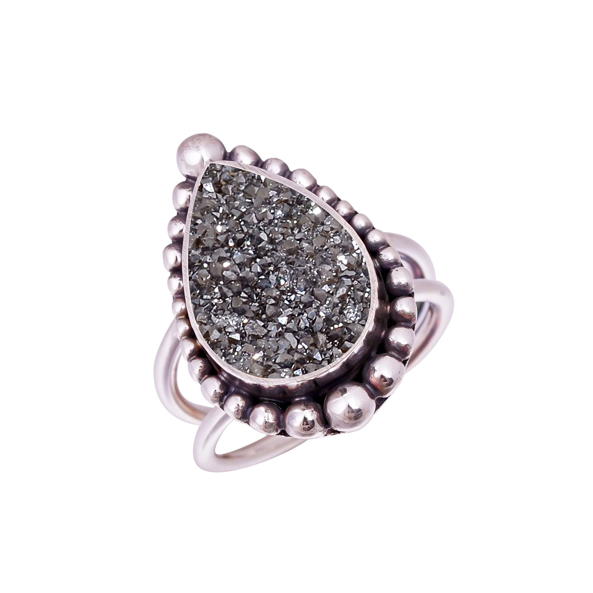 Black Titanium Agate Drusy Gemstone 925 Sterling Silver Ring