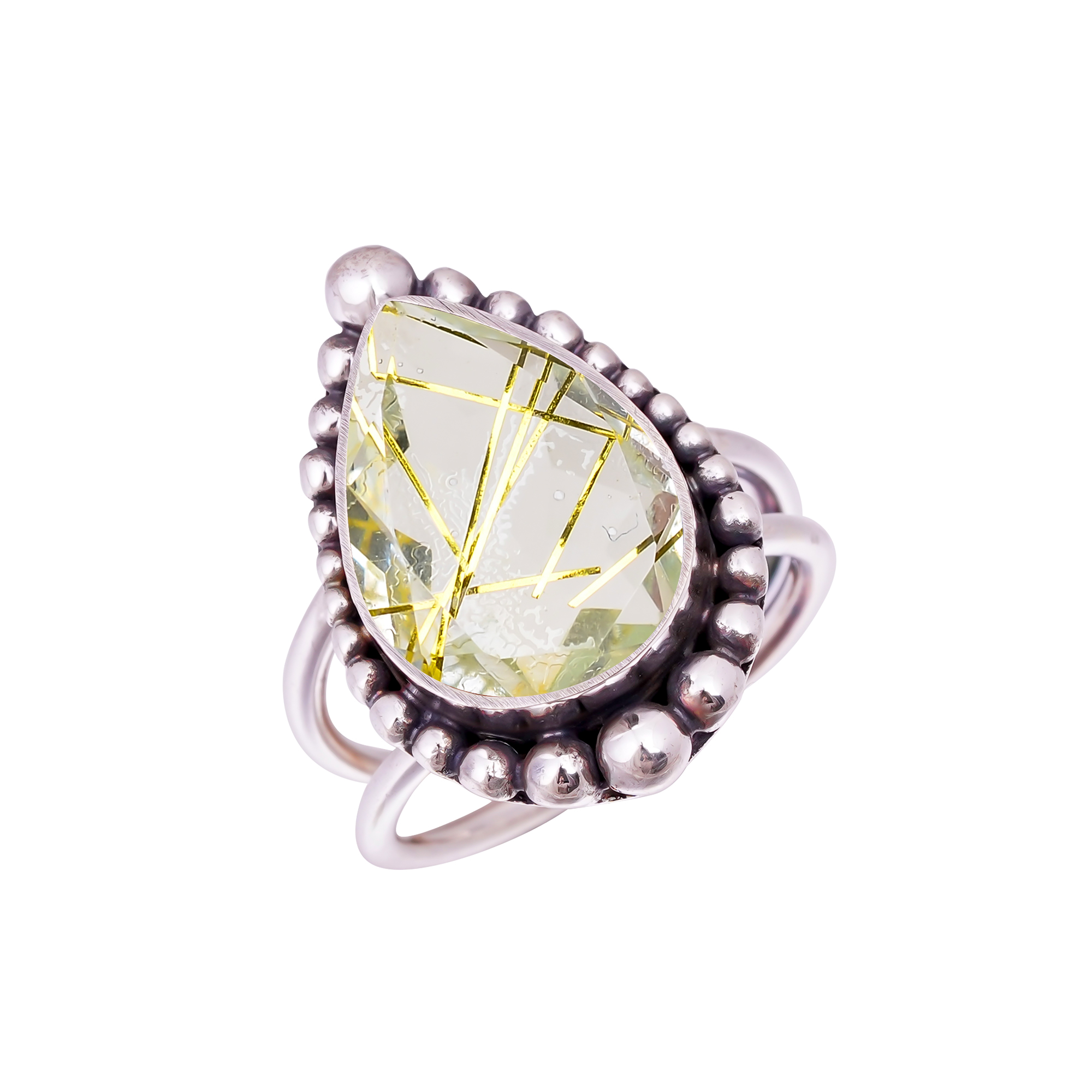 Golden Rutilated Quartz - Simulated Gemstone 925 Sterling Silver Ring