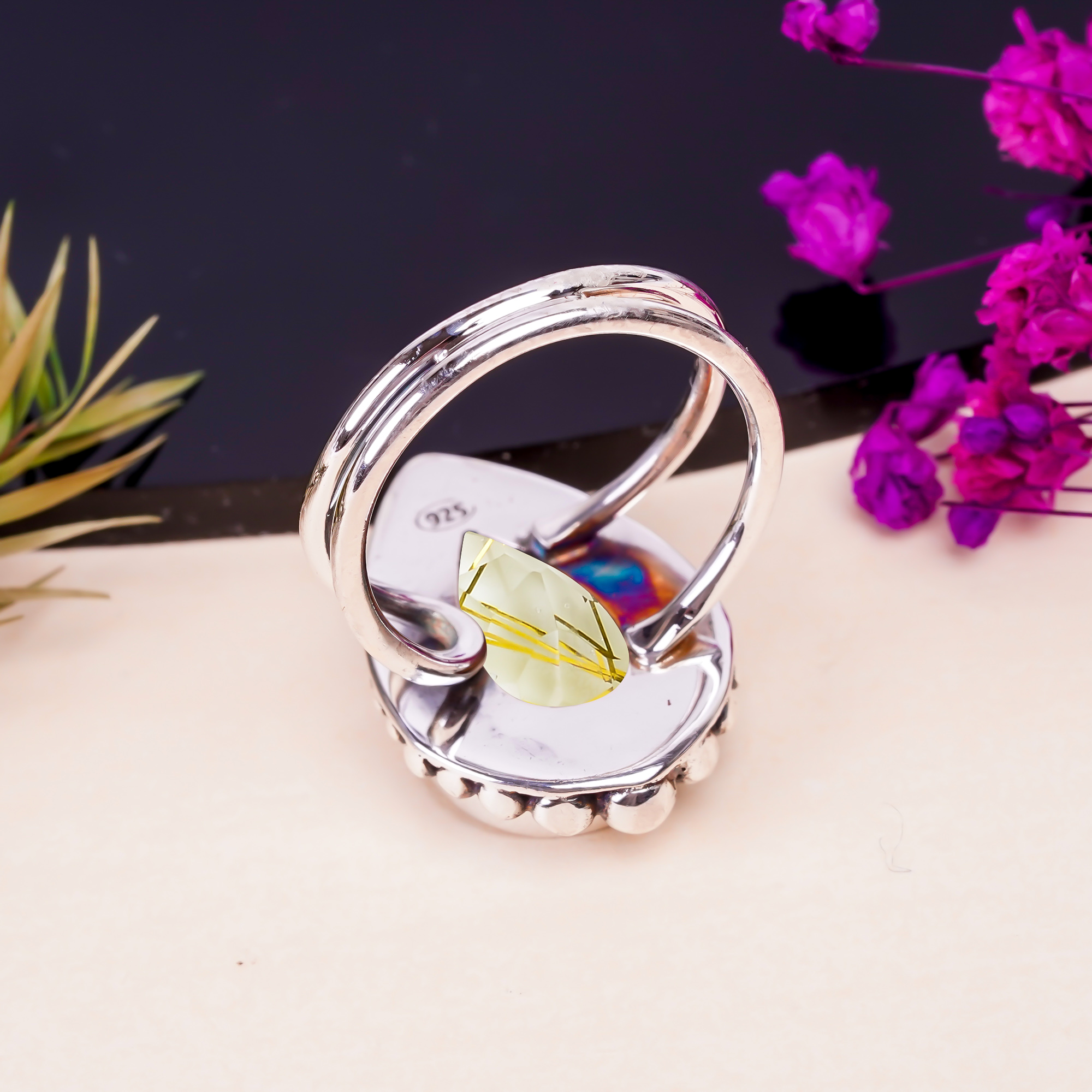 Golden Rutilated Quartz - Simulated Gemstone 925 Sterling Silver Ring