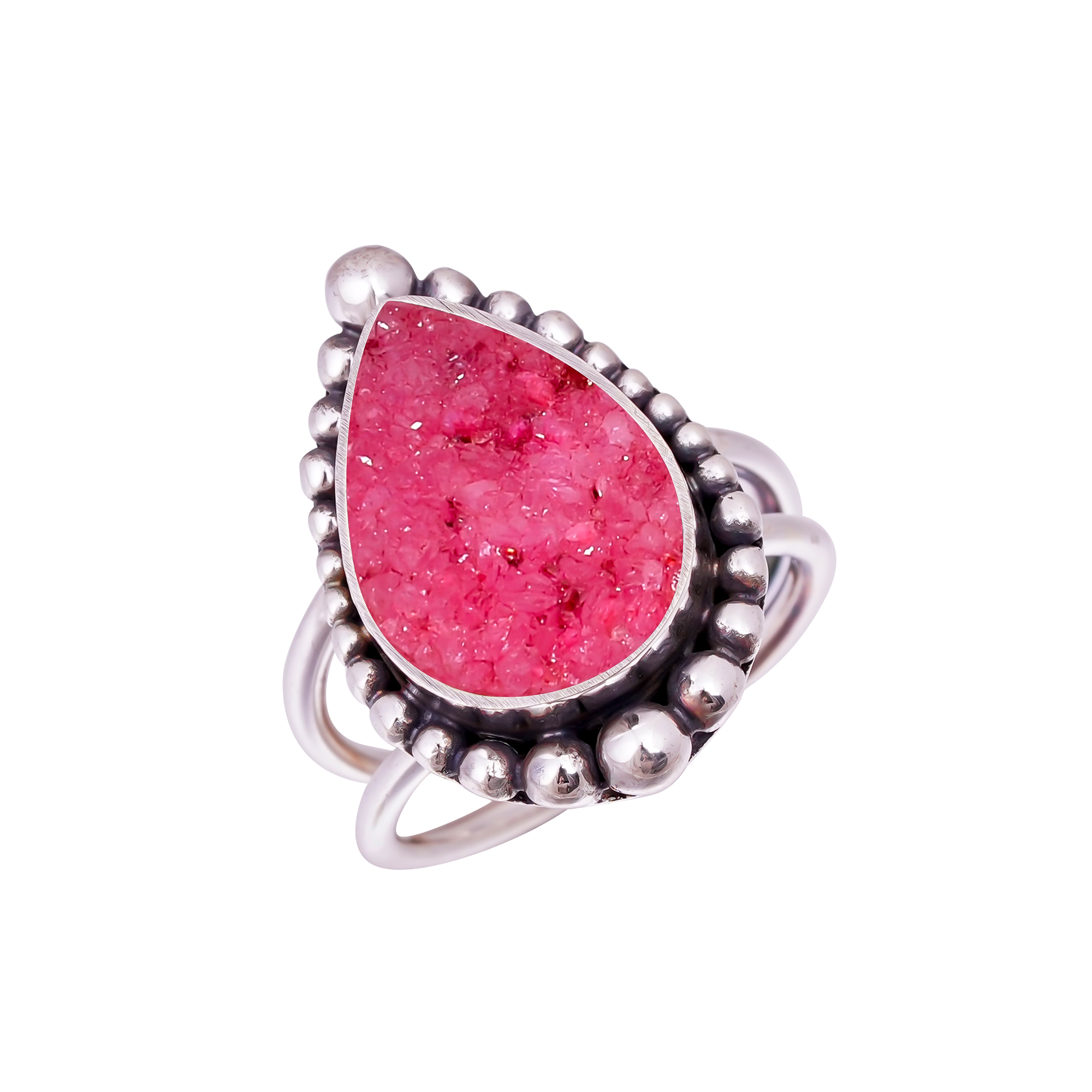 Pink Quartz Drusy - India Gemstone 925 Sterling Silver Ring