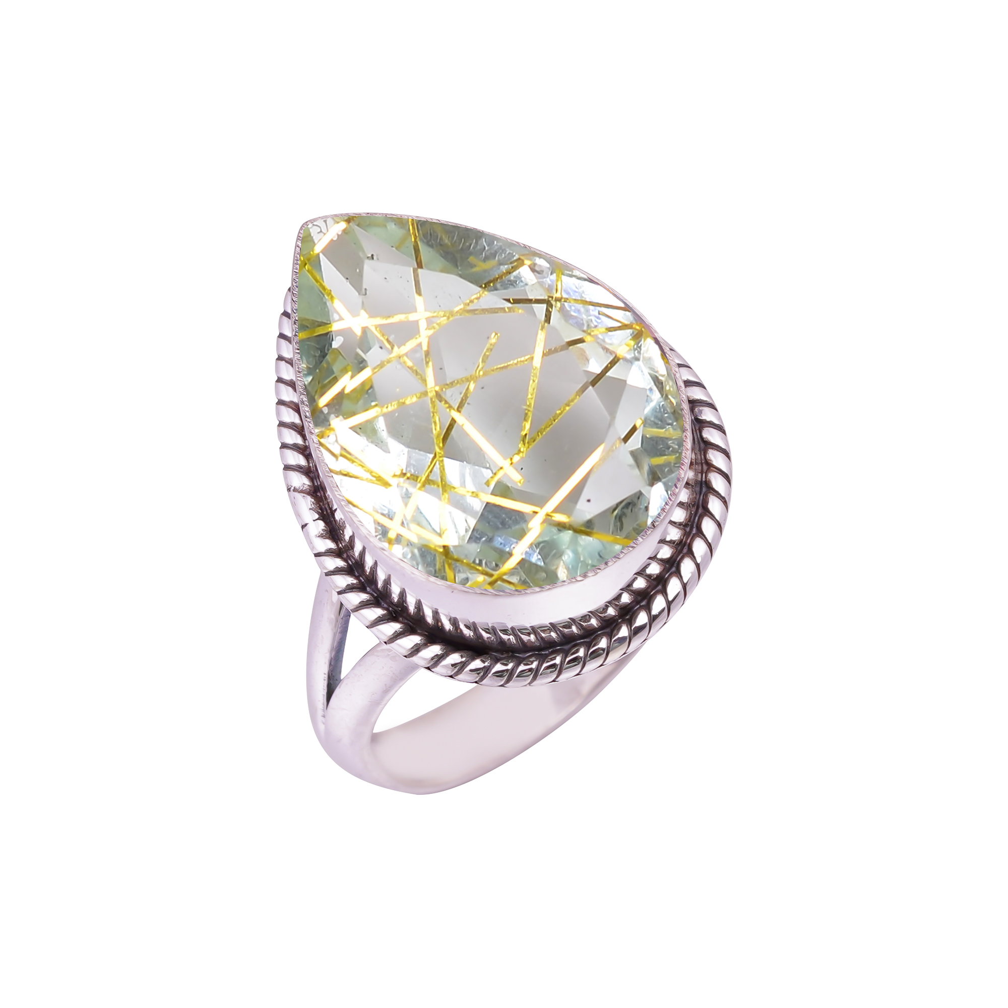 Golden Rutilated Quartz - Simulated Gemstone 925 Sterling Silver Ring