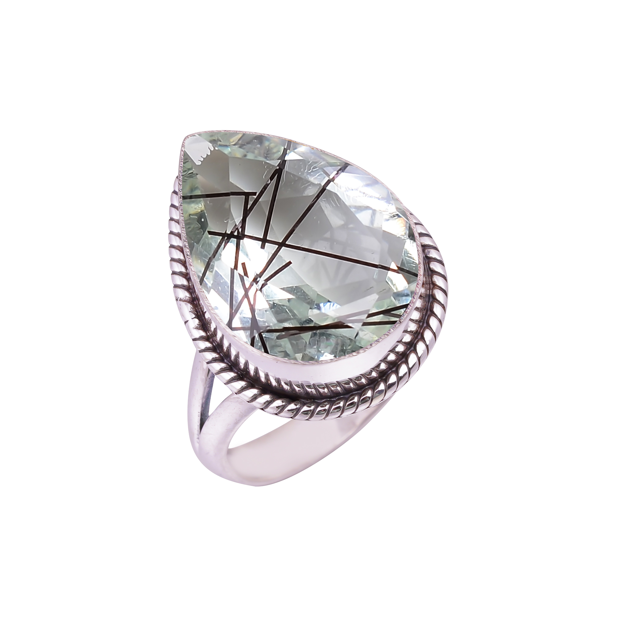Black Rutilated Quartz - Simulated Gemstone 925 Sterling Silver Ring