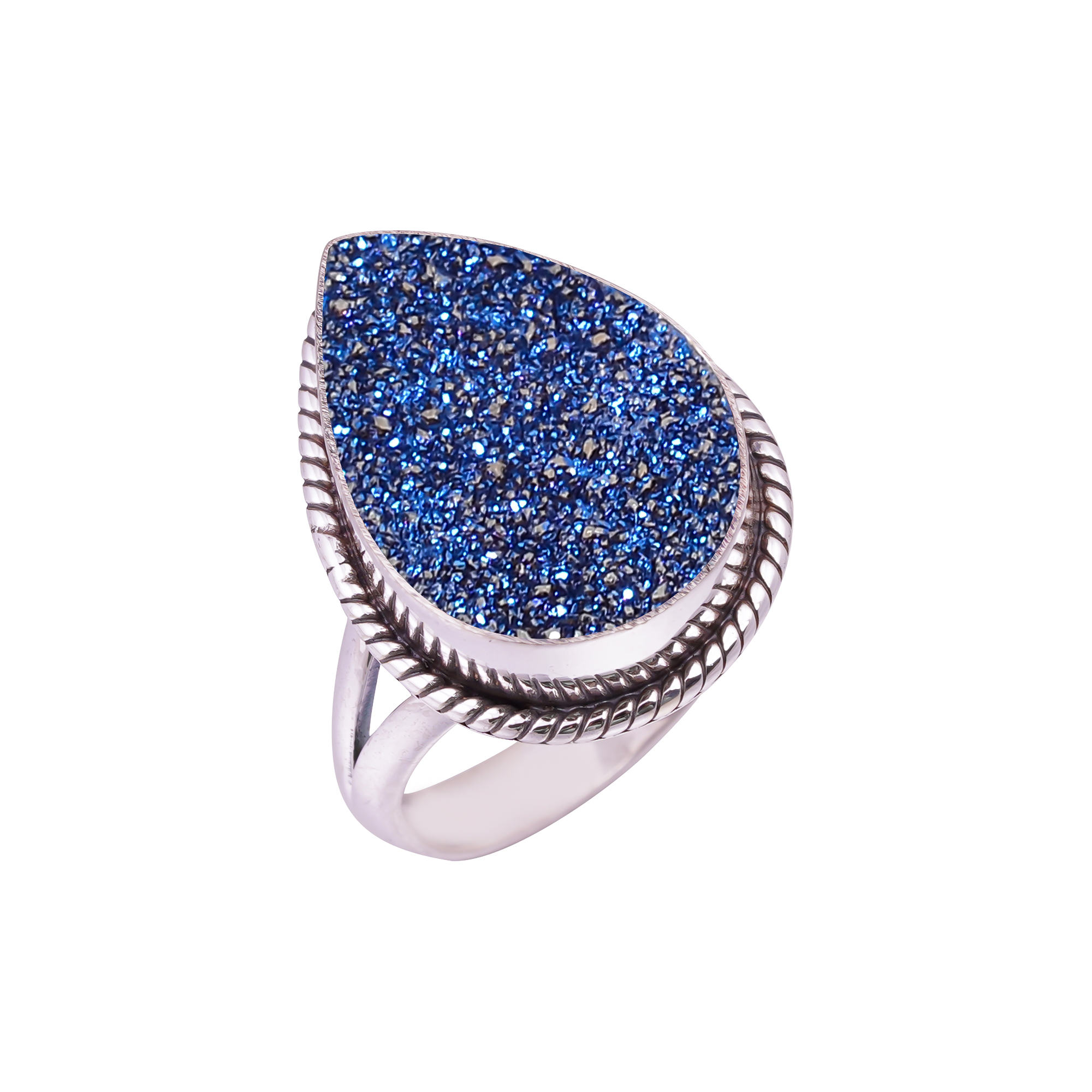 Electric Blue Titanium Agate Drusy Gemstone 925 Sterling Silver Ring