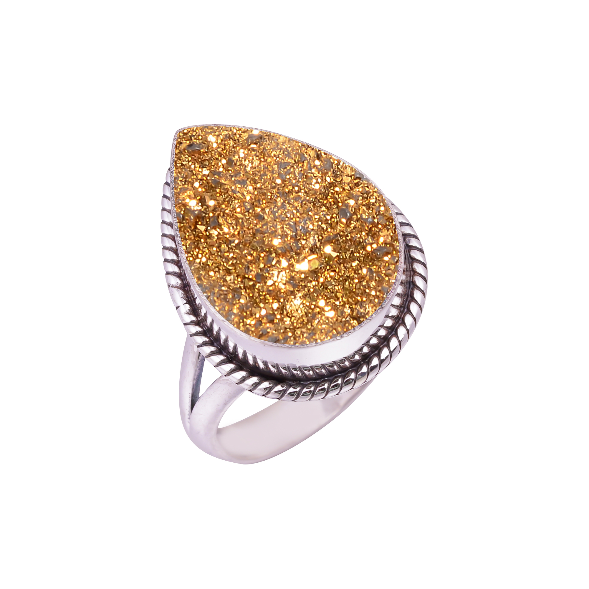 Golden Titanium Agate Drusy Gemstone 925 Sterling Silver Ring