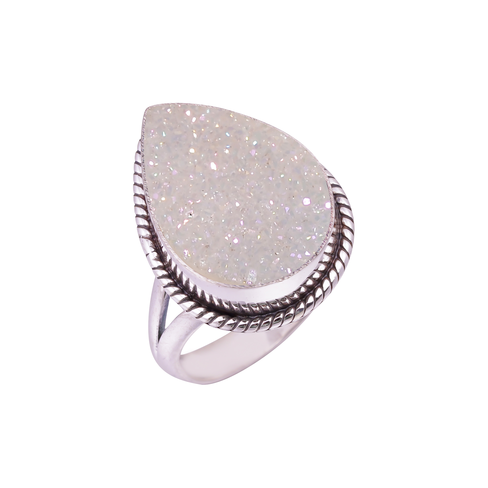 Snow White Titanium Agate Drusy Gemstone 925 Sterling Silver Ring