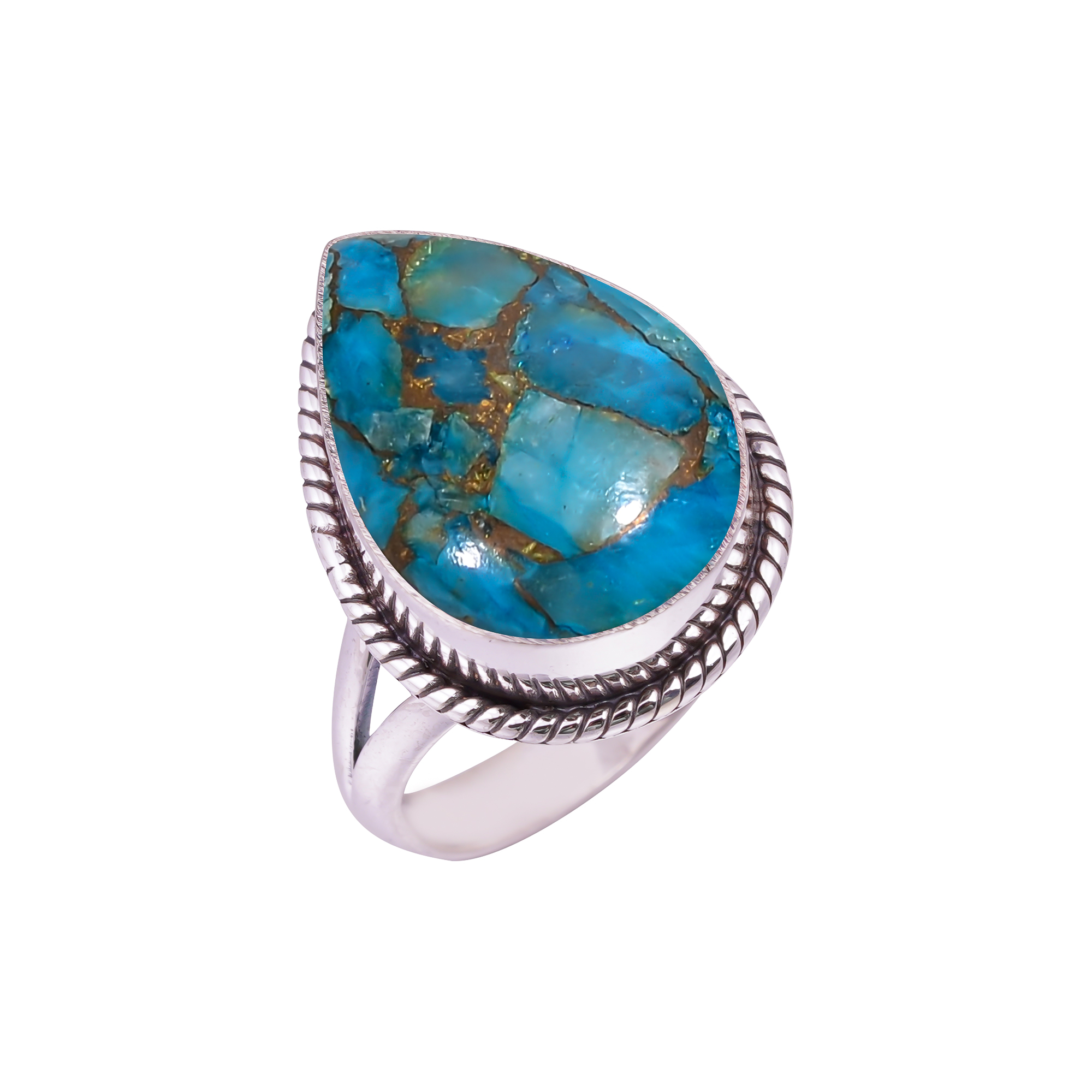 Copper Blue Turquoise Gemstone 925 Sterling Silver Ring