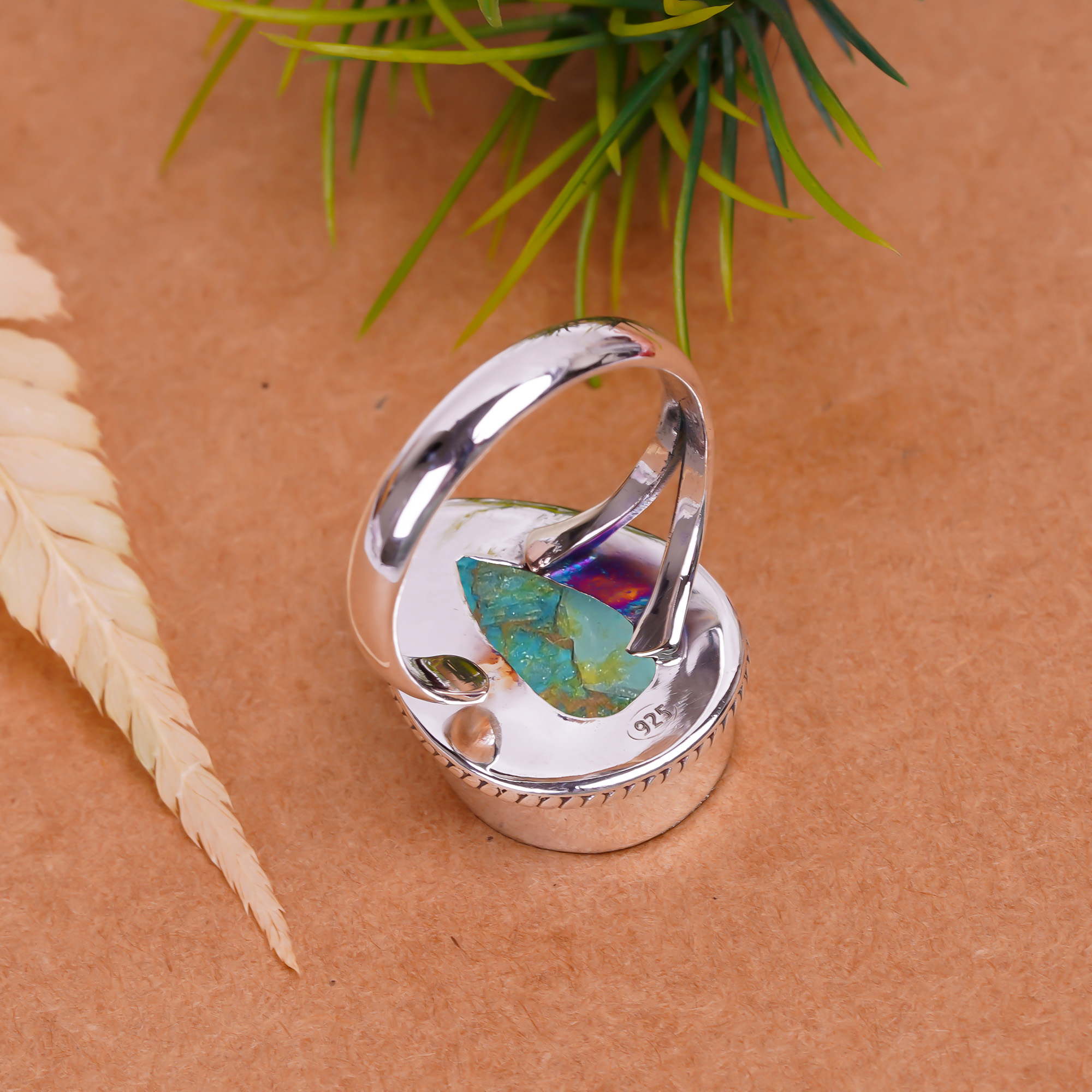 Copper Blue Turquoise Gemstone 925 Sterling Silver Ring