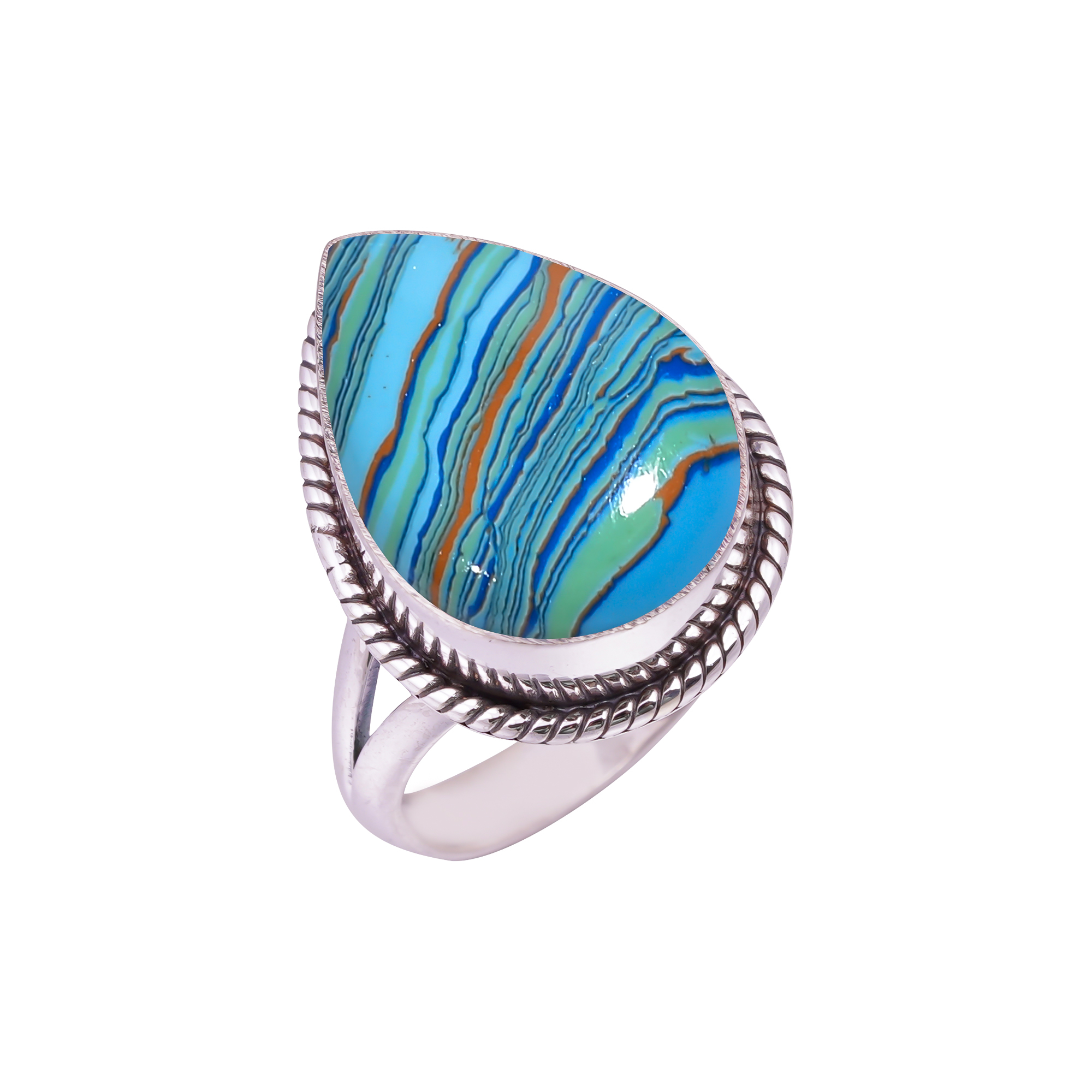 Blue Rainbow Calsilica - Simulated Gemstone 925 Sterling Silver Ring