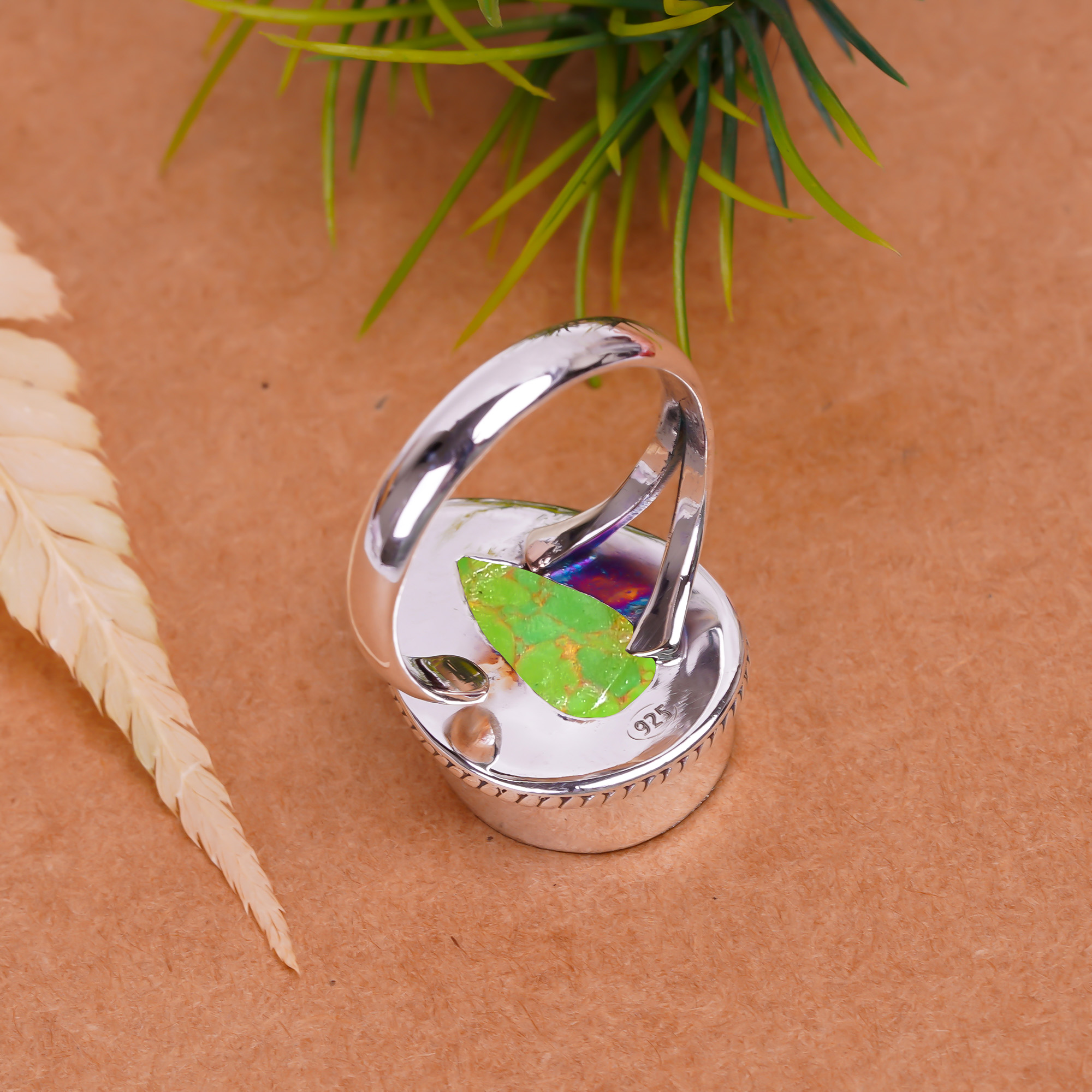 Copper Green Turquoise - Simulated Gemstone 925 Sterling Silver Ring