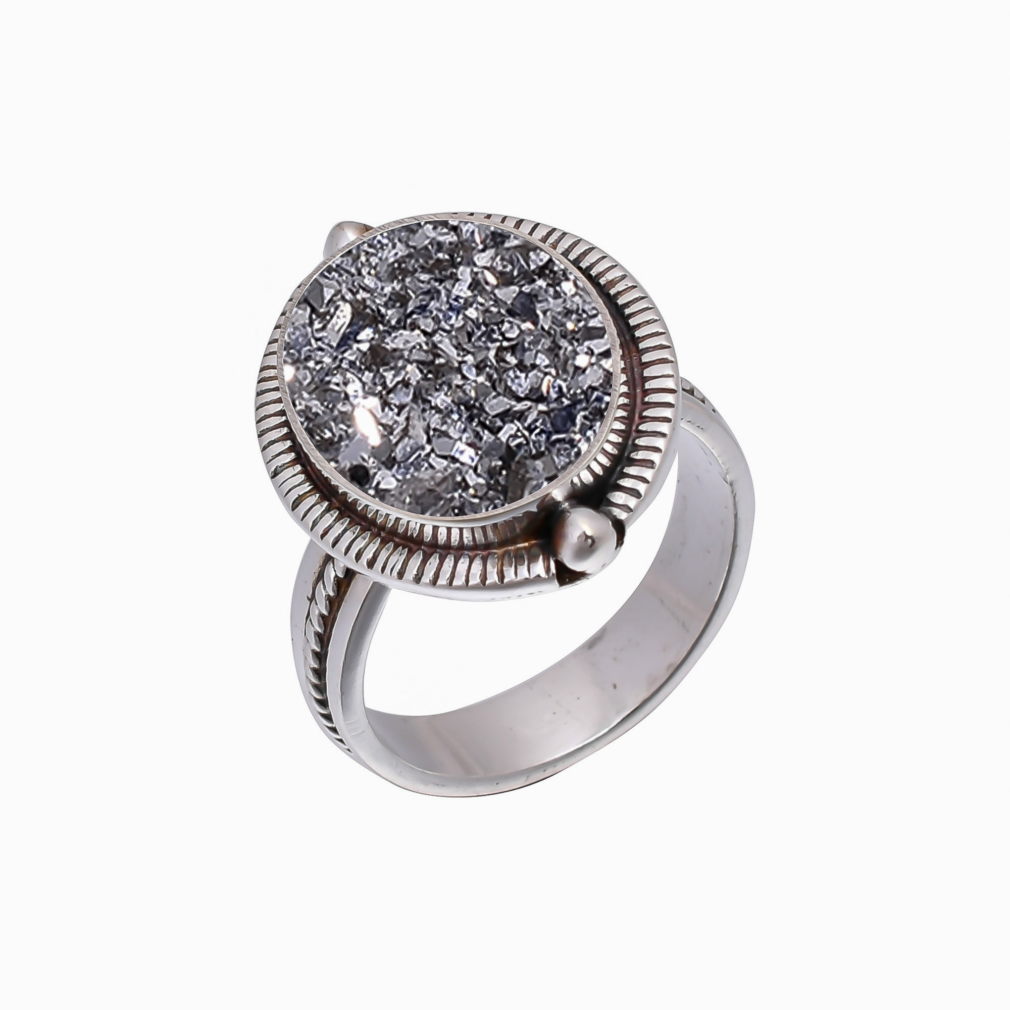 Silver Titanium Agate Drusy 925 Sterling Silver Ring