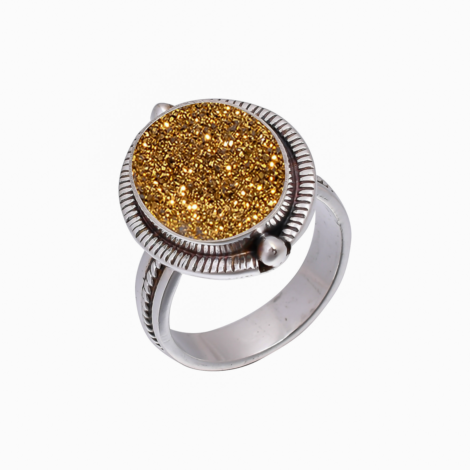 Golden Titanium Agate Drusy 925 Sterling Silver Ring