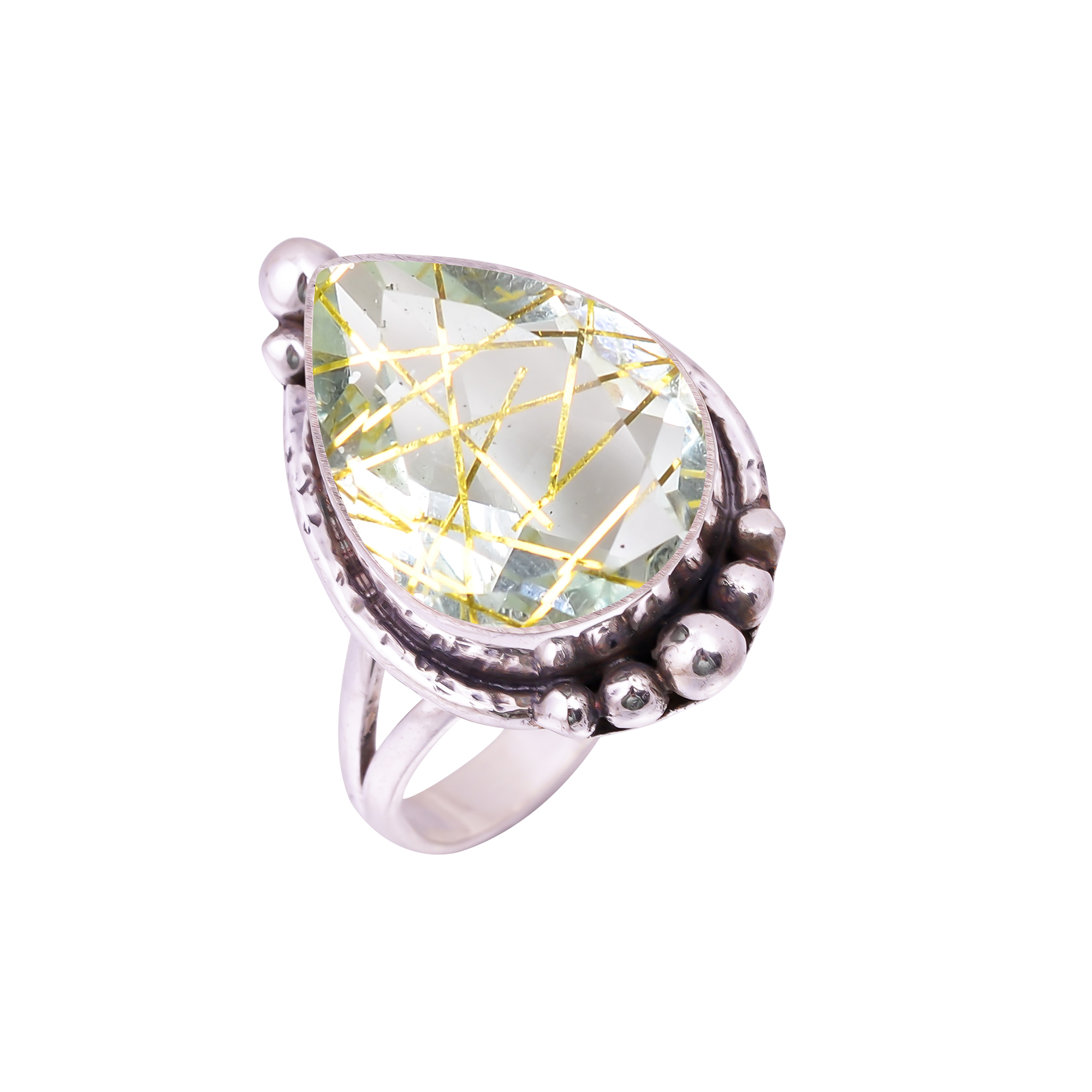 Golden Rutilated Quartz - Simulated Gemstone 925 Sterling Silver Ring