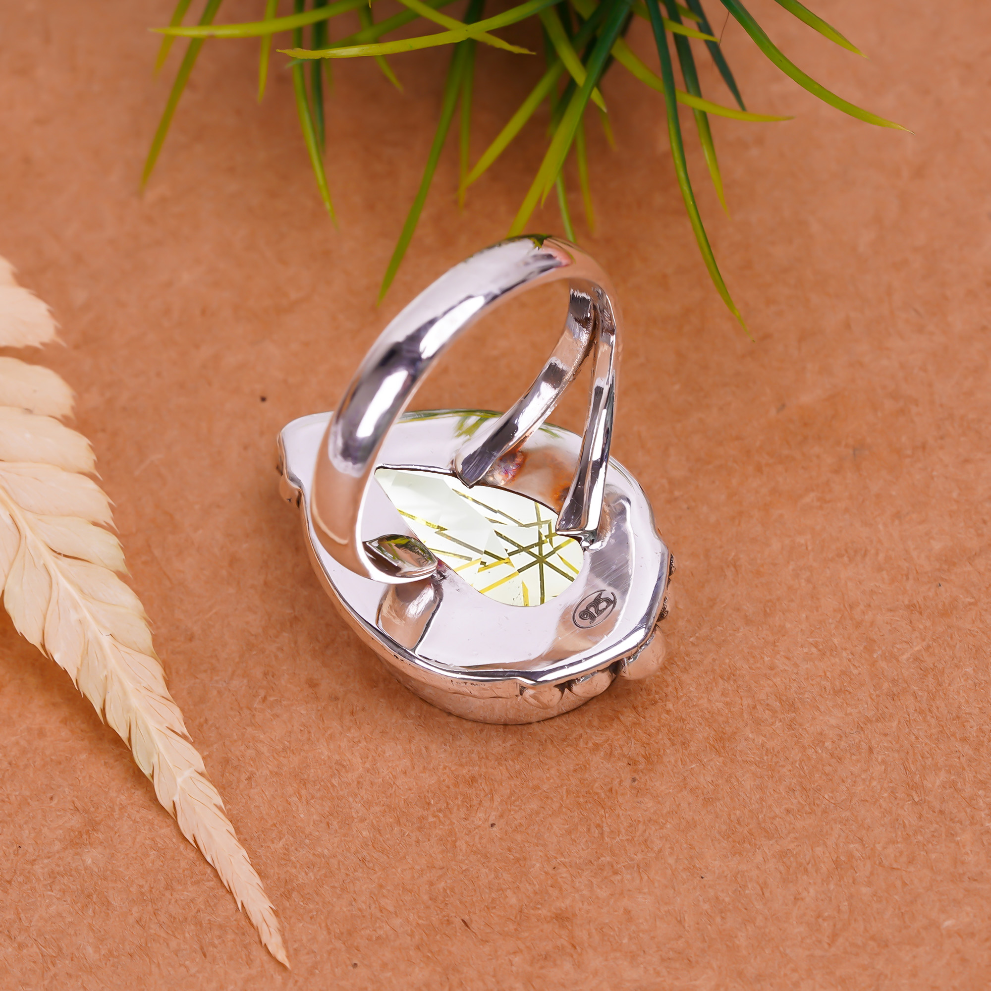 Golden Rutilated Quartz - Simulated Gemstone 925 Sterling Silver Ring