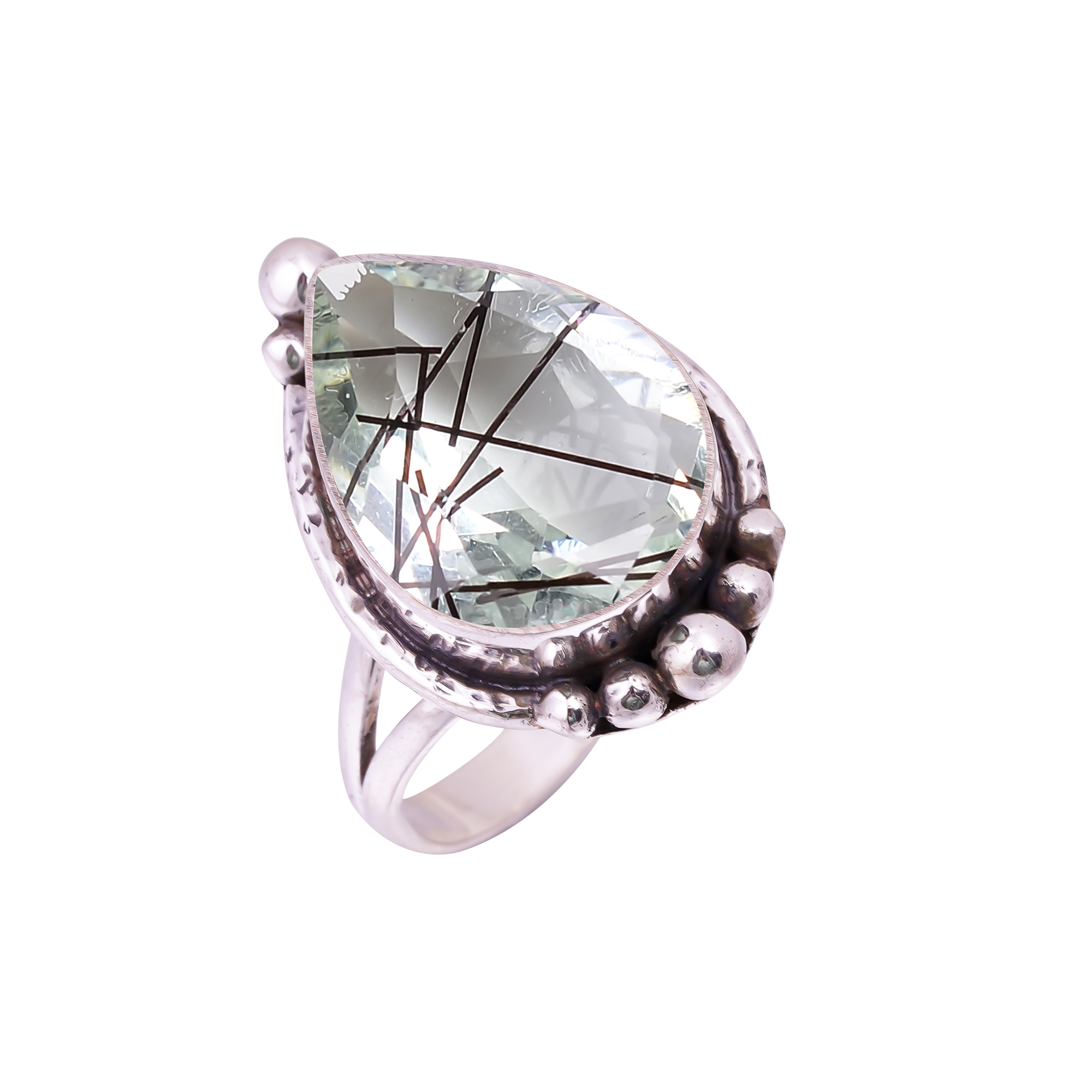 Black Rutilated Quartz - Simulated Gemstone 925 Sterling Silver Ring