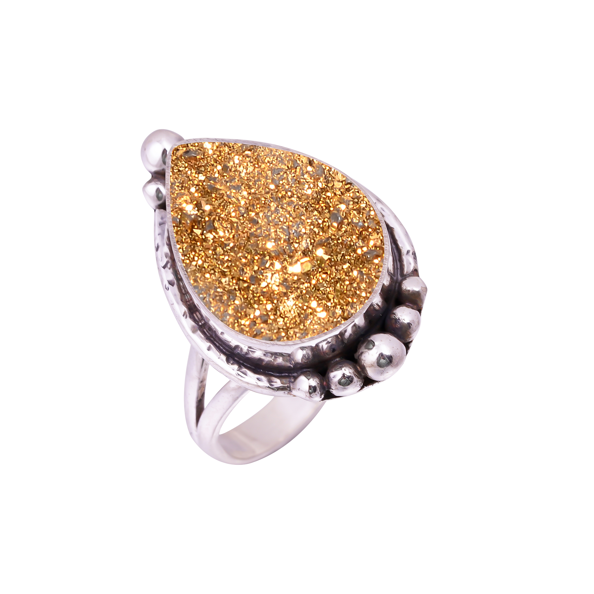 Golden Titanium Agate Drusy Gemstone 925 Sterling Silver Ring