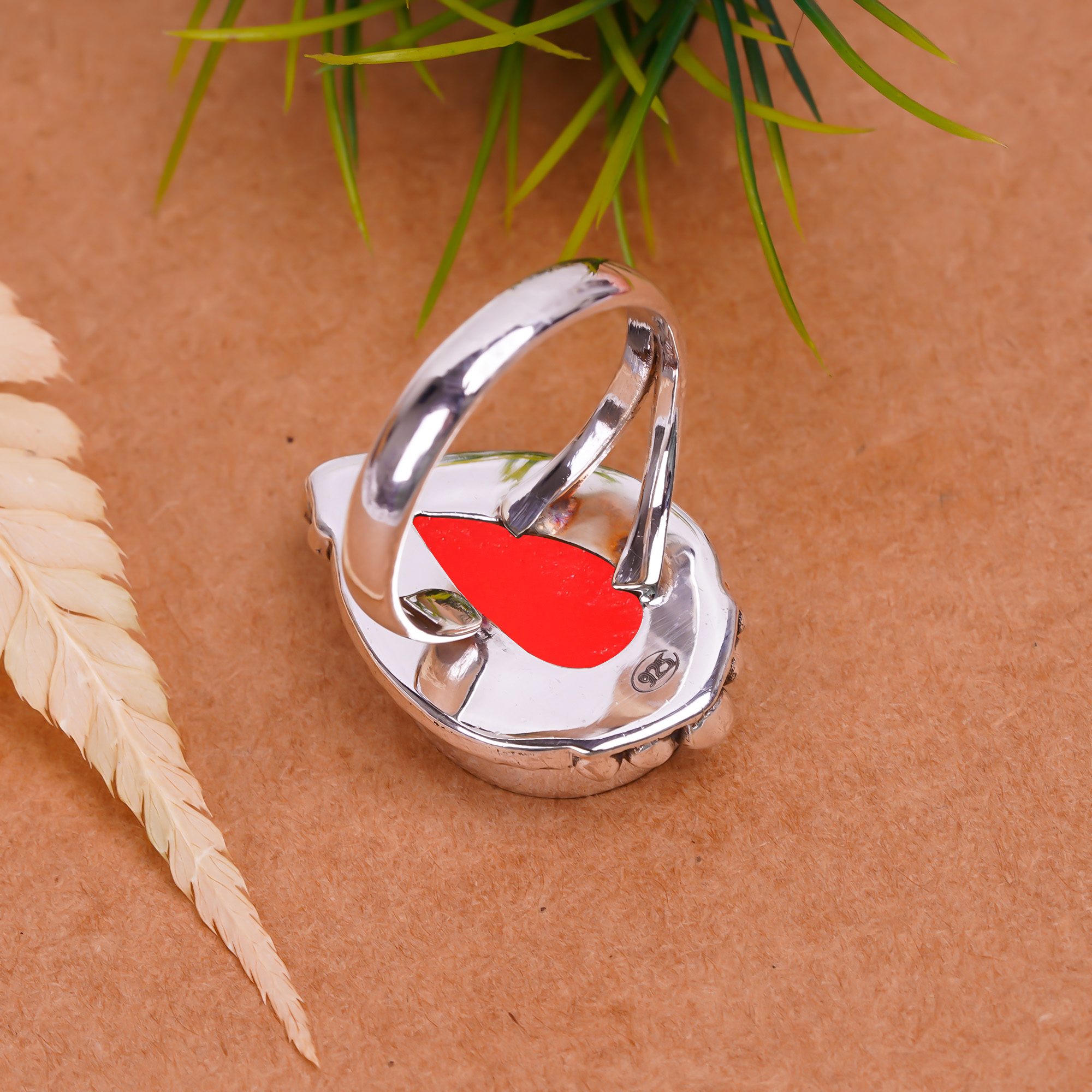 Red Coral - Simulated Gemstone 925 Sterling Silver Ring