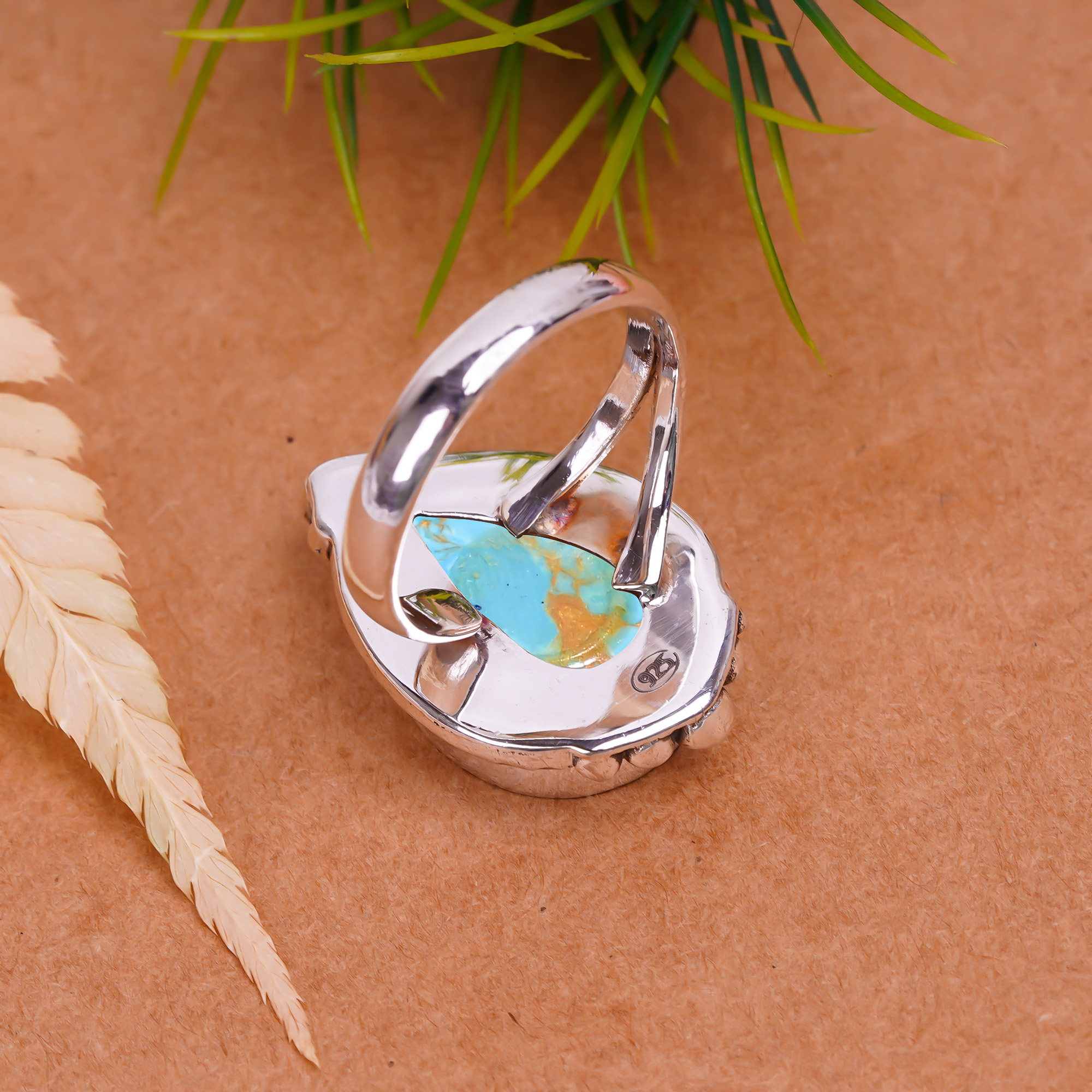 Copper Blue Turquoise - Simulated Gemstone 925 Sterling Silver Ring