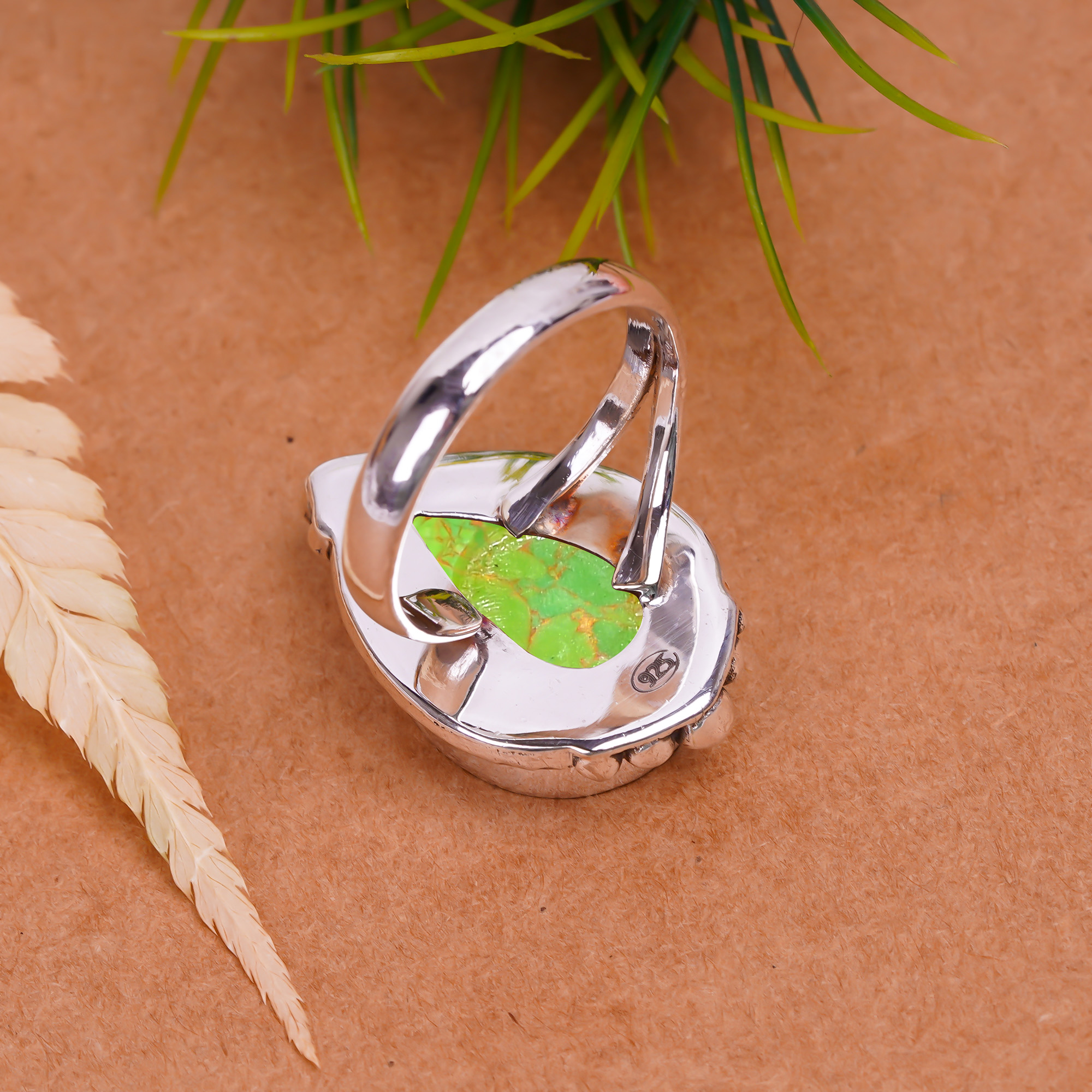 Copper Green Turquoise - Simulated Gemstone 925 Sterling Silver Ring