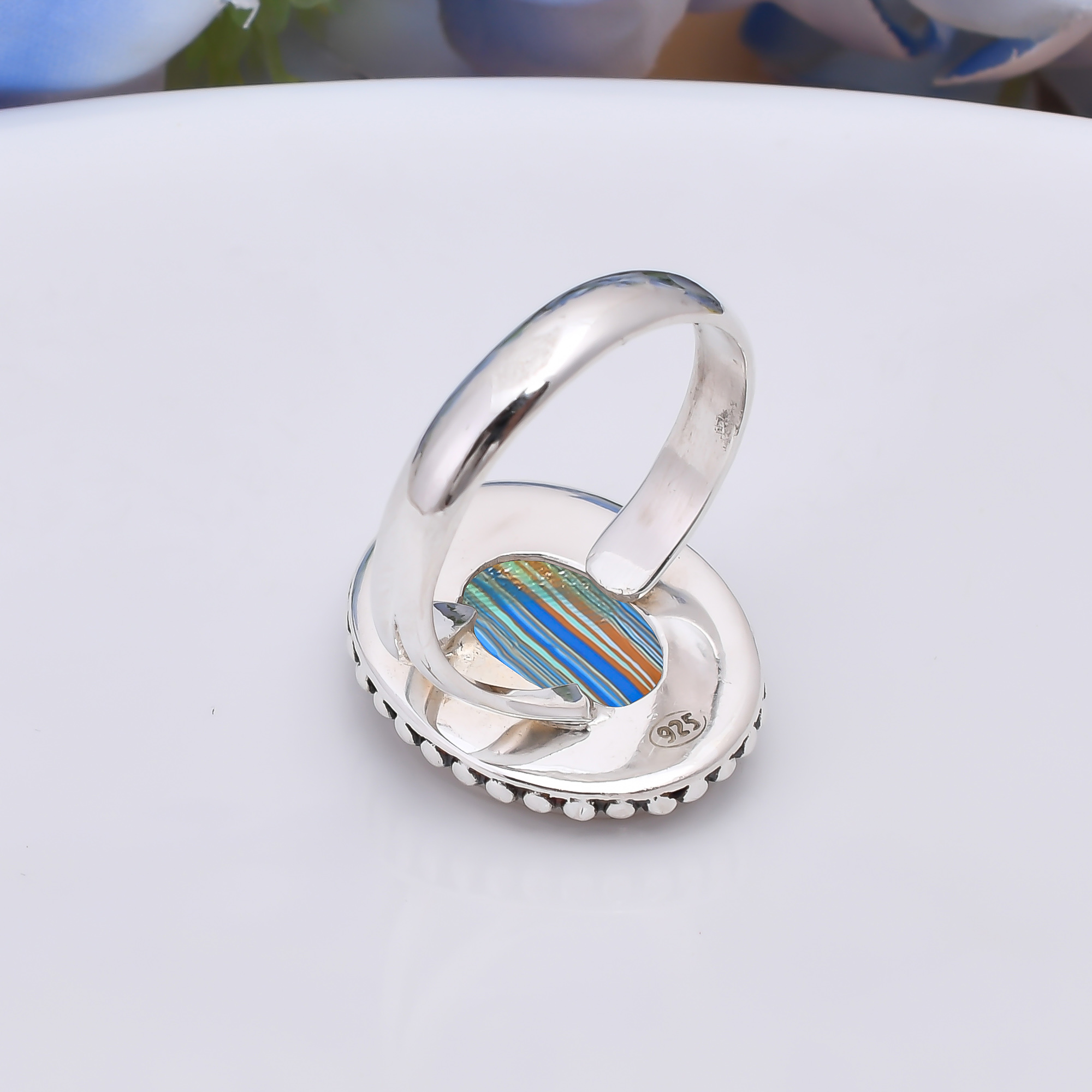 Blue Rainbow Calsilica - Simulated 925 Sterling Silver Ring