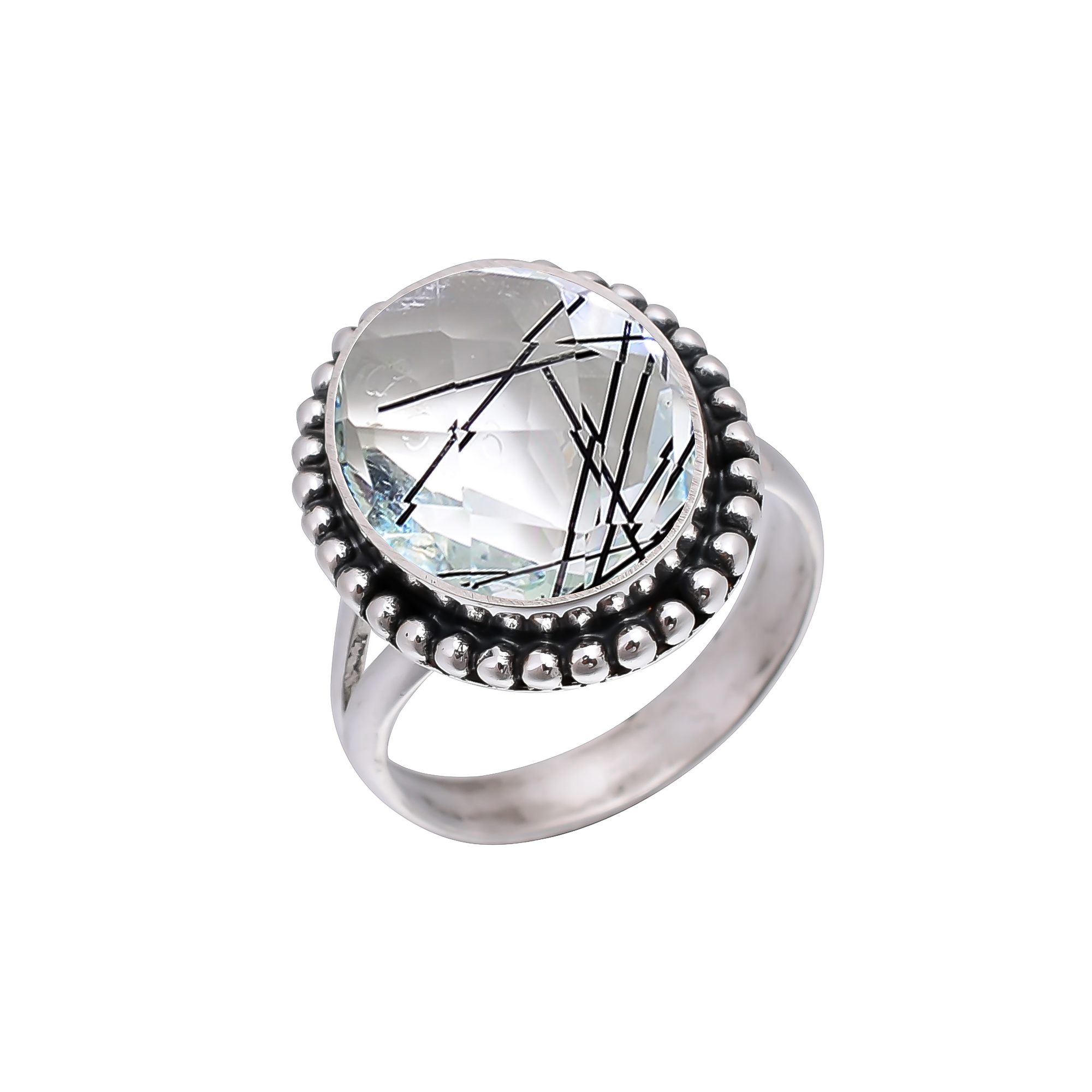 Black Rutilated Quartz - Simulated 925 Sterling Silver Ring