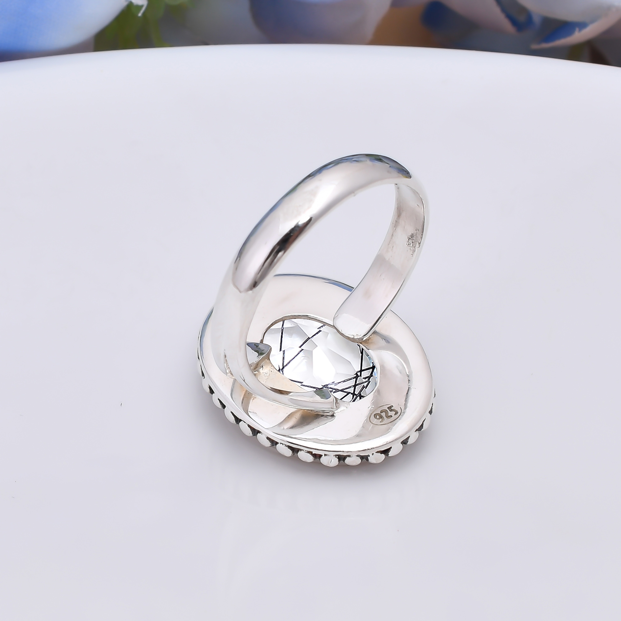 Black Rutilated Quartz - Simulated 925 Sterling Silver Ring